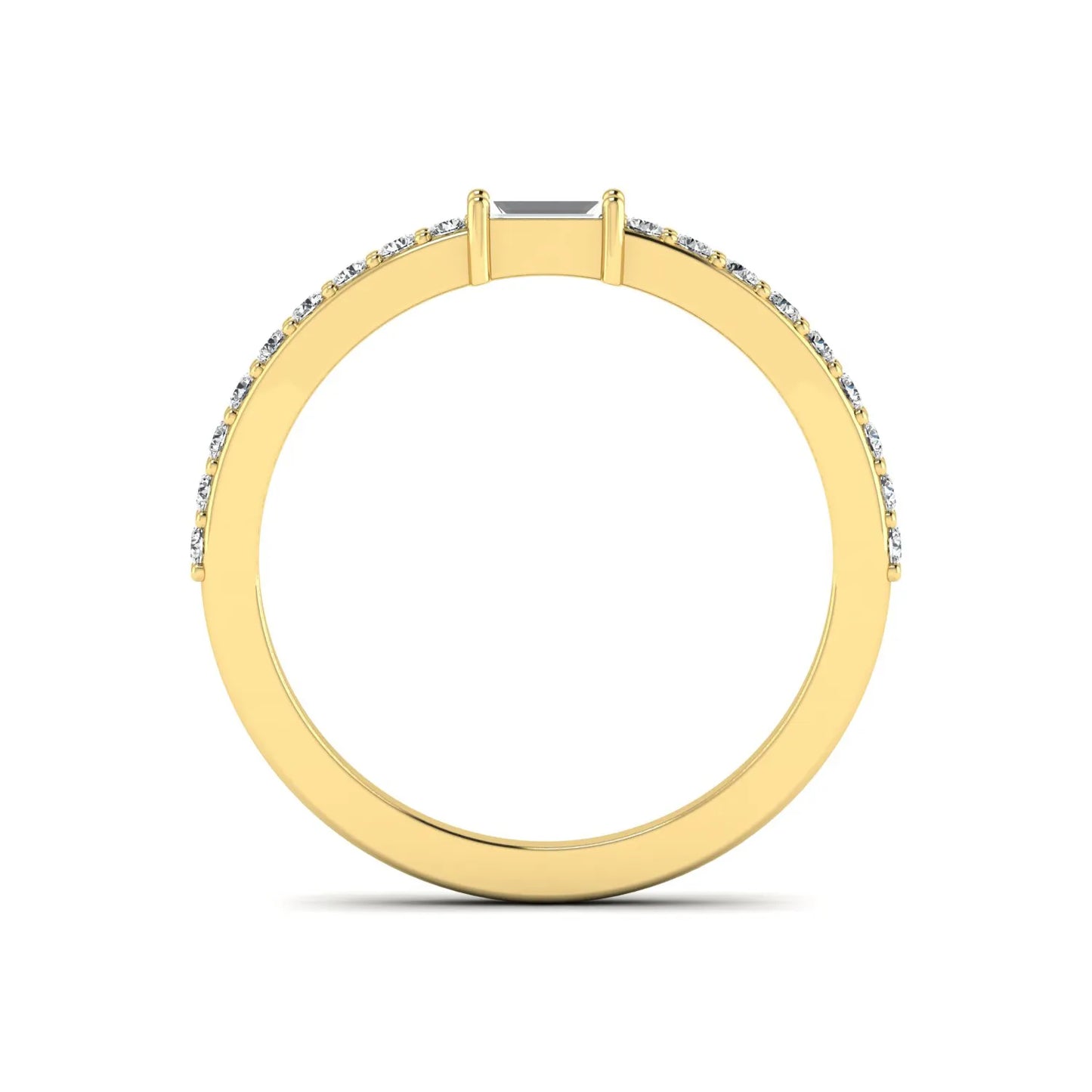 Baguette cut lab grown diamond band ring featuring a bar-prong set center diamond with round accent diamonds on a slim yellow gold style band.