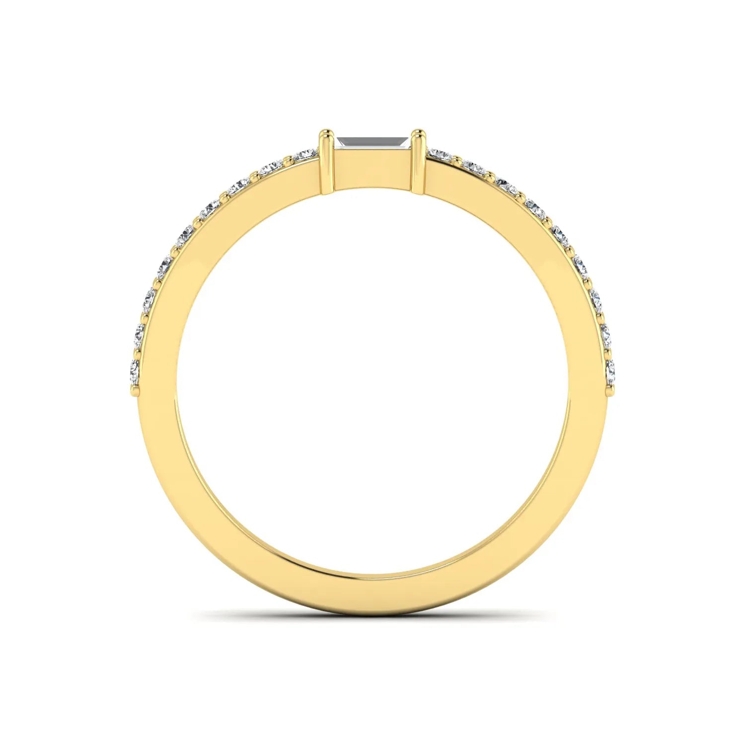 Baguette cut lab grown diamond band ring featuring a bar-prong set center diamond with round accent diamonds on a slim yellow gold style band.