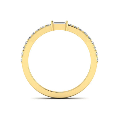 Baguette cut lab grown diamond band ring featuring a bar-prong set center diamond with round accent diamonds on a slim yellow gold style band.