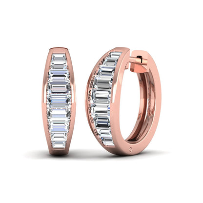 Baguette channel set lab grown diamond hoop earrings featuring a modern hinged hoop design in a rose gold finish.