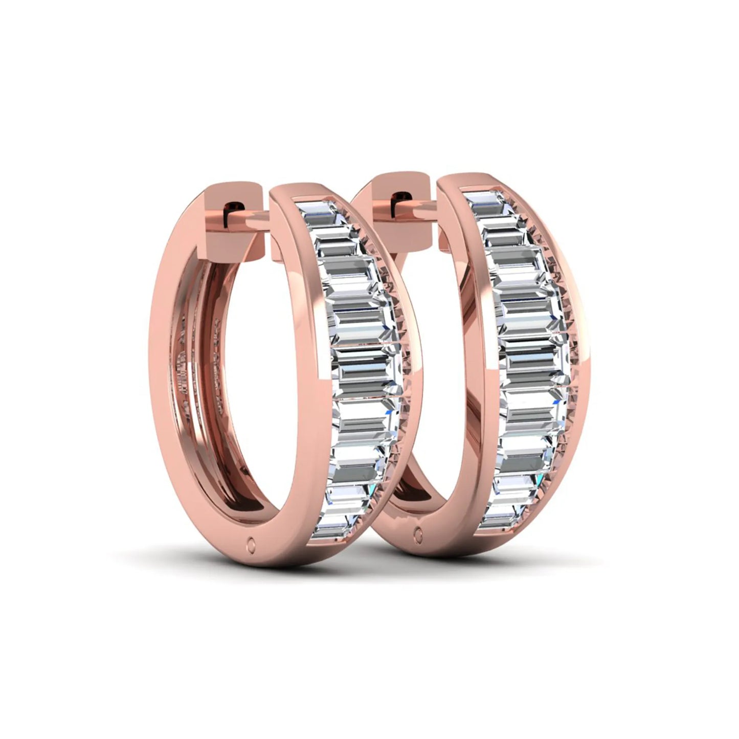 Baguette channel set lab grown diamond hoop earrings featuring a modern hinged hoop design in a rose gold finish.