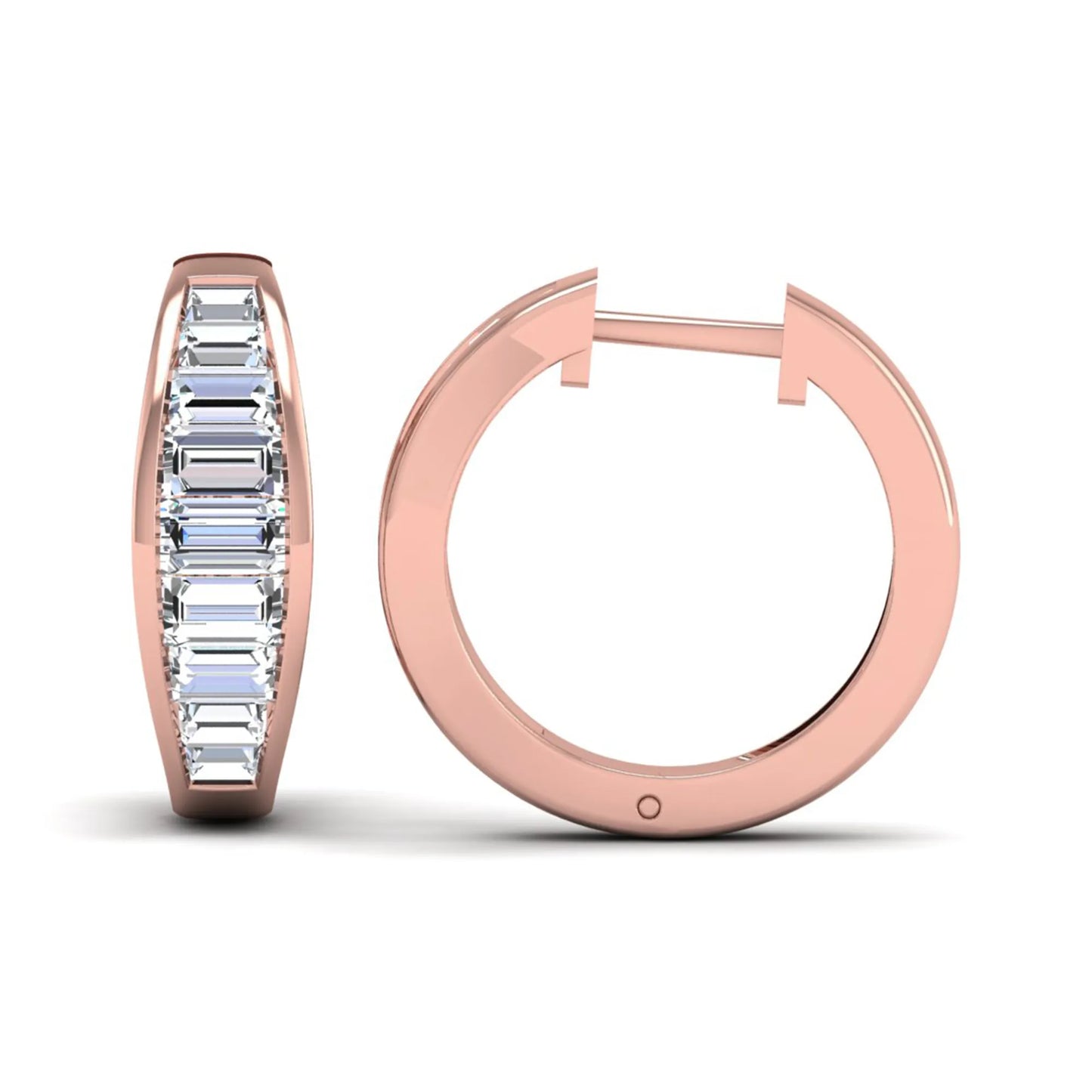 Baguette channel set lab grown diamond hoop earrings featuring a modern hinged hoop design in a rose gold finish.