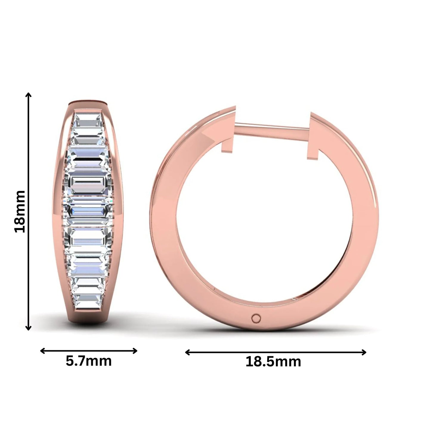 Baguette channel set lab grown diamond hoop earrings featuring a modern hinged hoop design in a rose gold finish.