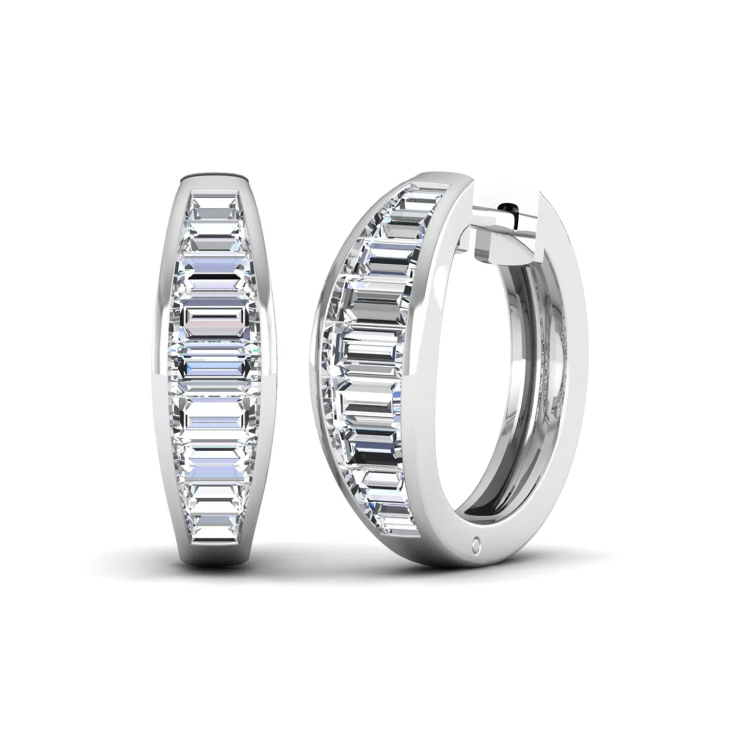 Baguette channel set lab grown diamond hoop earrings featuring a modern hinged hoop design in a white gold finish.