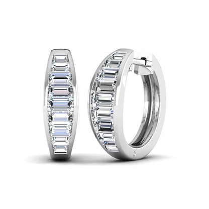 Baguette channel set lab grown diamond hoop earrings featuring a modern hinged hoop design in a white gold finish.
