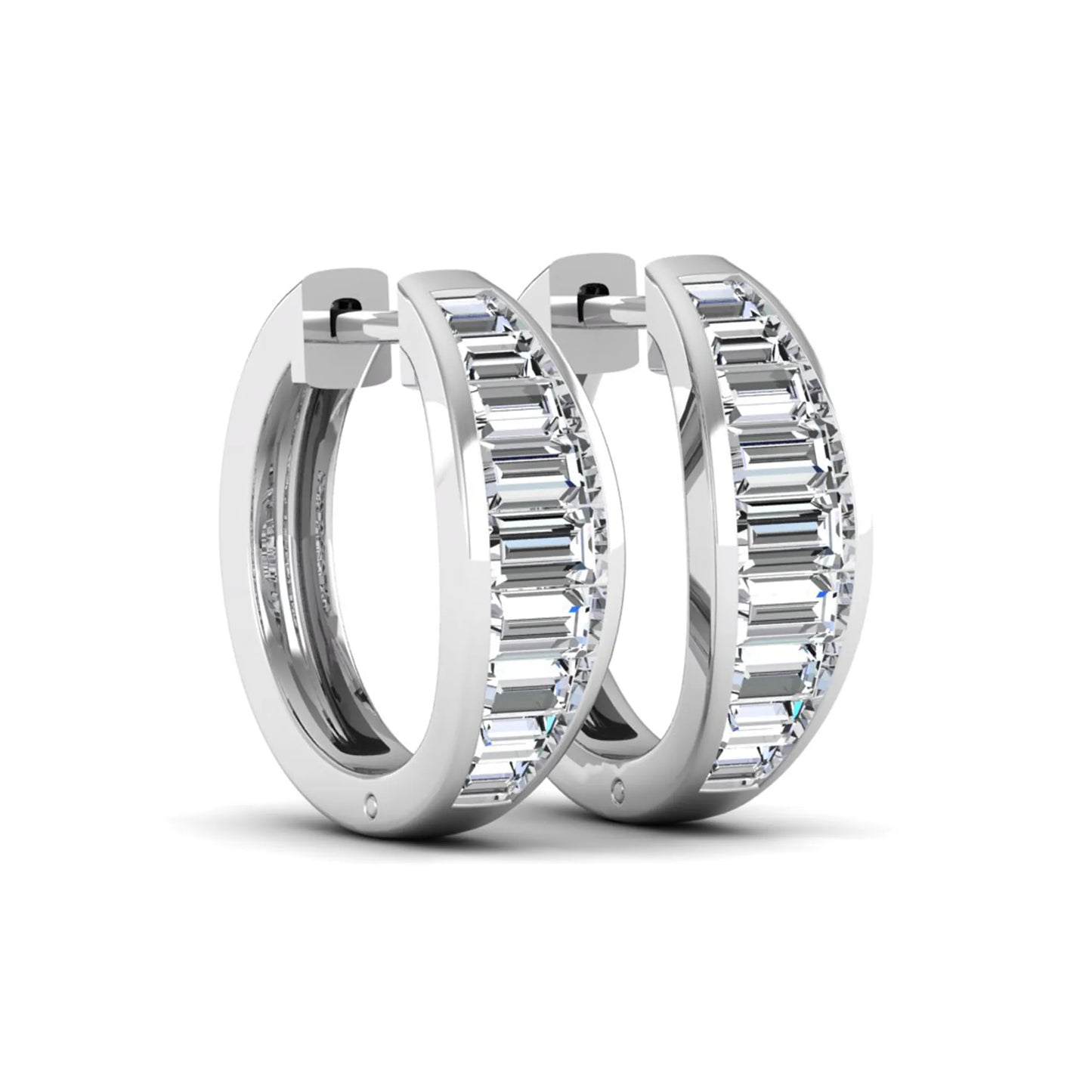 Baguette channel set lab grown diamond hoop earrings featuring a modern hinged hoop design in a white gold finish.