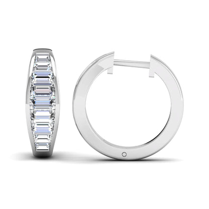 Baguette channel set lab grown diamond hoop earrings featuring a modern hinged hoop design in a white gold finish.