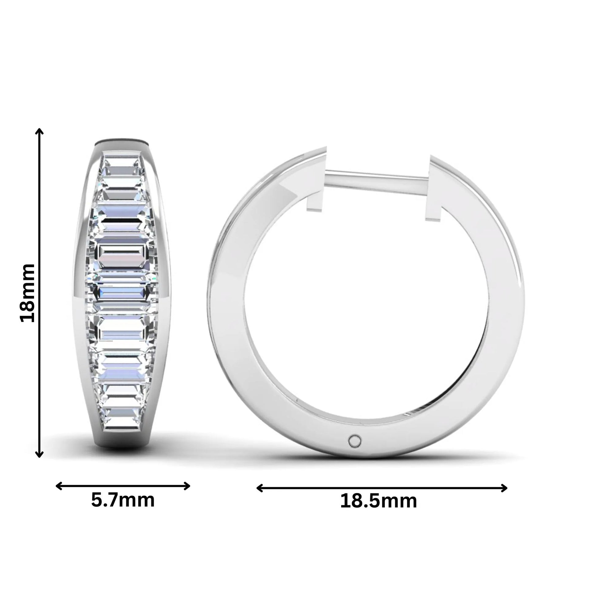 Baguette channel set lab grown diamond hoop earrings featuring a modern hinged hoop design in a white gold finish.