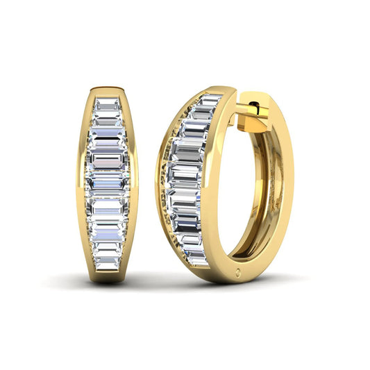 Baguette channel set lab grown diamond hoop earrings featuring a modern hinged hoop design in a yellow gold finish.