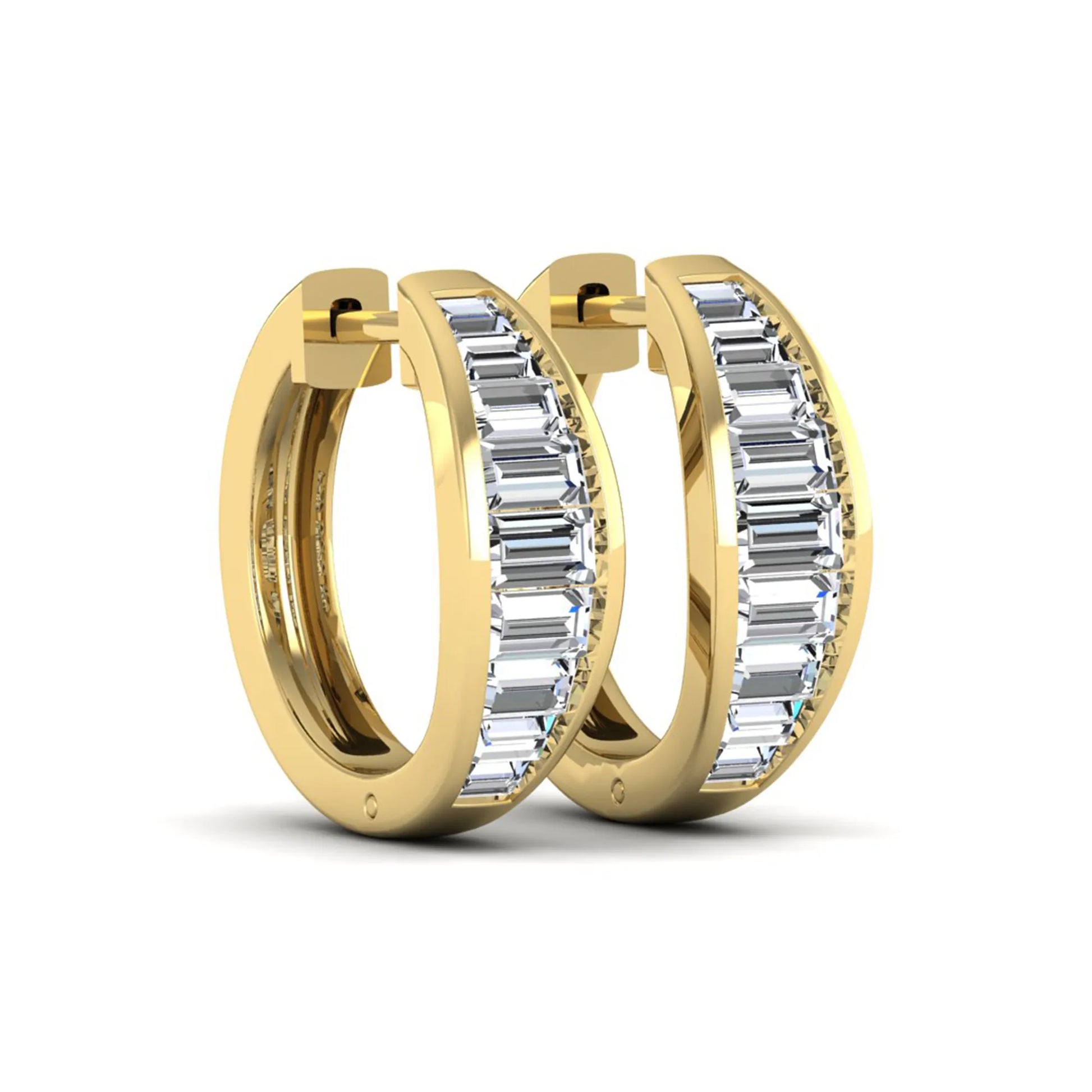 Baguette channel set lab grown diamond hoop earrings featuring a modern hinged hoop design in a yellow gold finish.