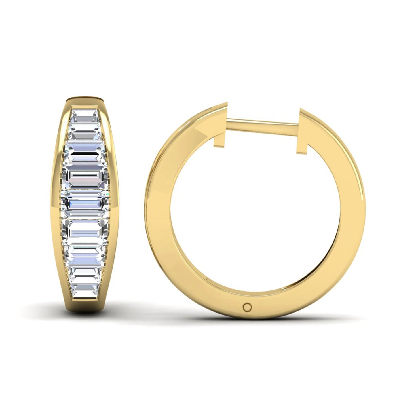 Baguette channel set lab grown diamond hoop earrings featuring a modern hinged hoop design in a yellow gold finish.