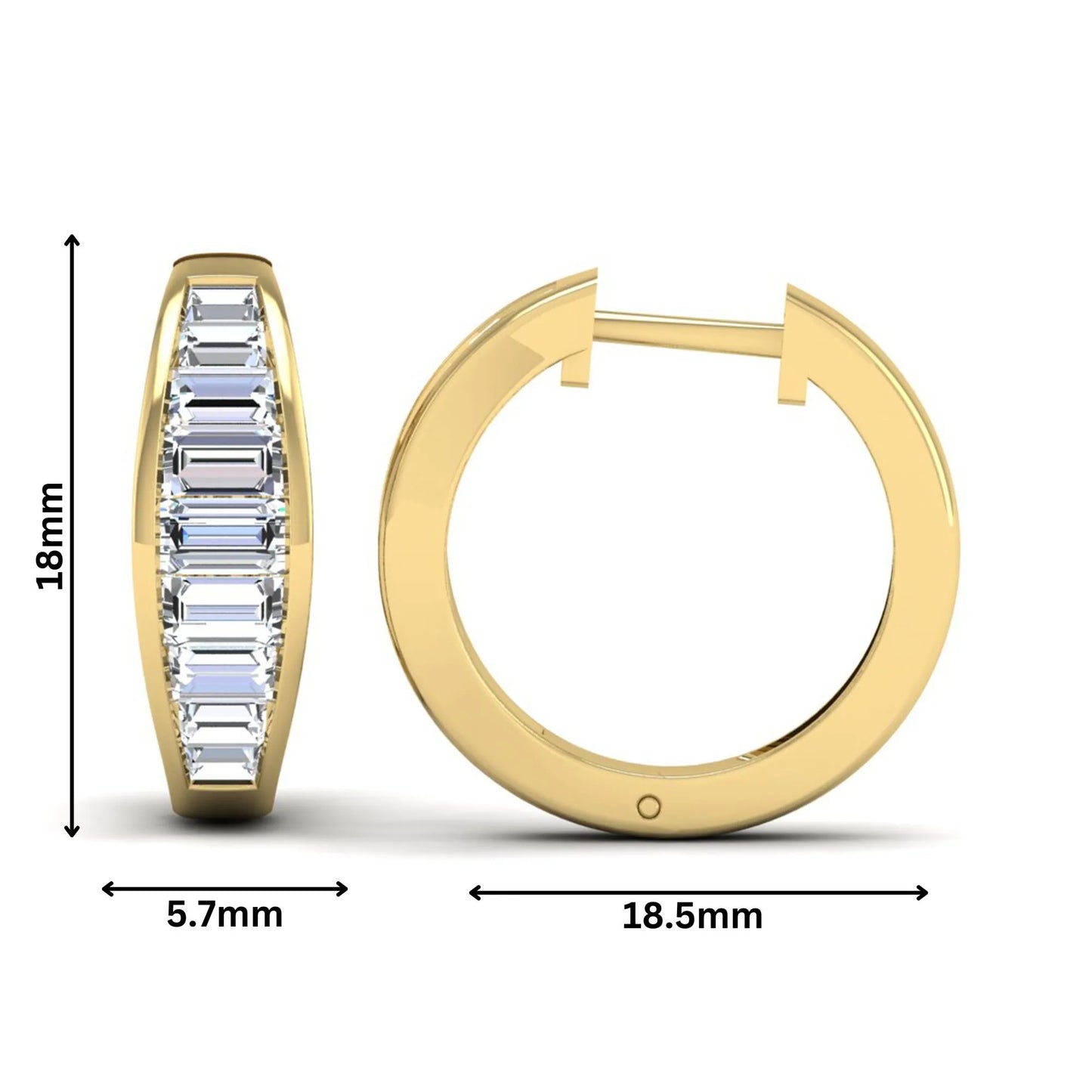 Baguette channel set lab grown diamond hoop earrings featuring a modern hinged hoop design in a yellow gold finish.