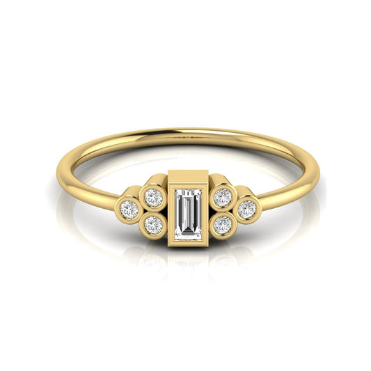 yellow-Gold ring with a central emerald-cut diamond and smaller round diamonds on a white background