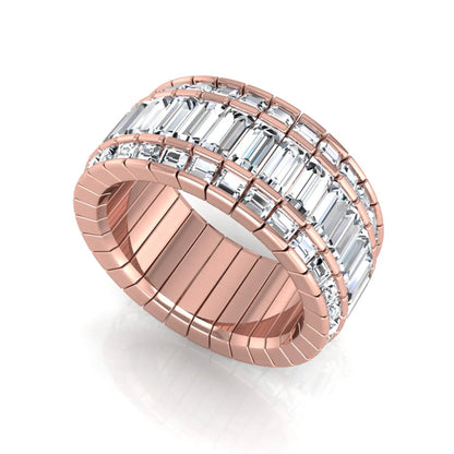 Full eternity band featuring baguette cut lab grown diamonds in a channel-style setting with a rose gold tone finish.