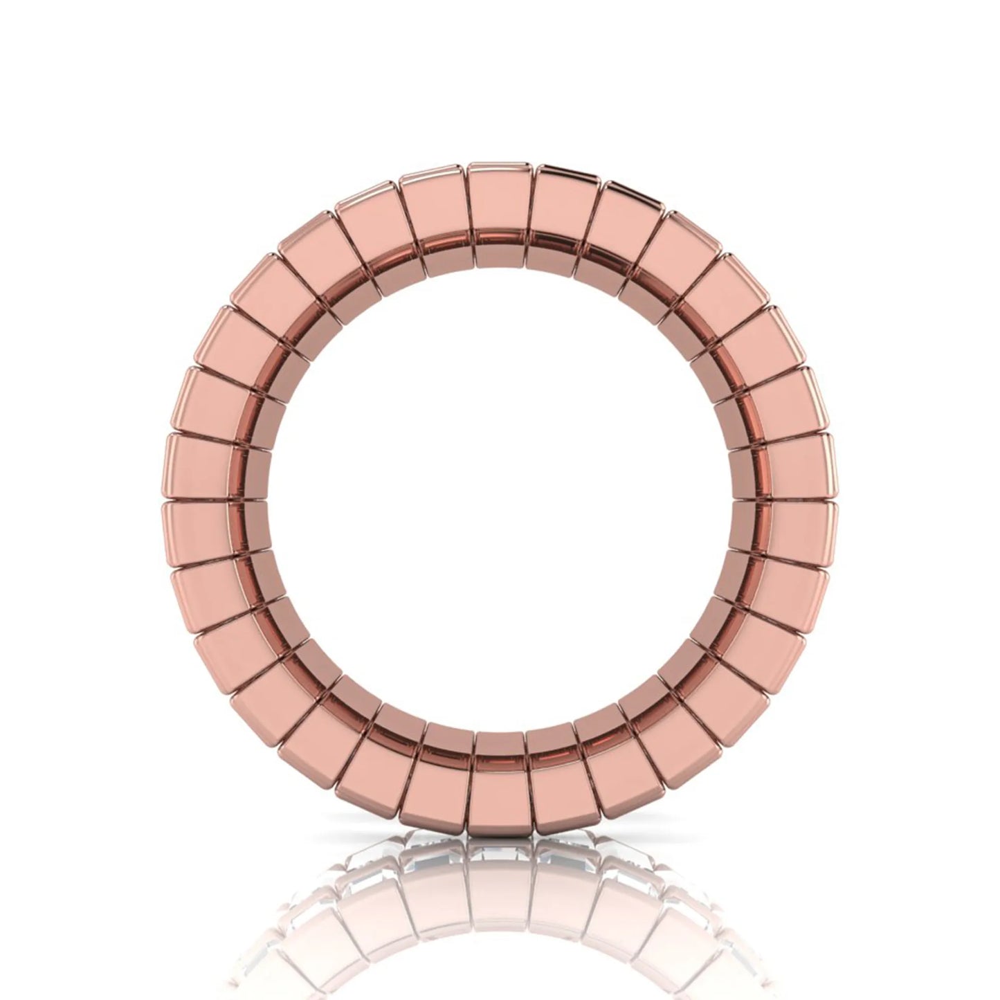 Full eternity band featuring baguette cut lab grown diamonds in a channel-style setting with a rose gold tone finish.