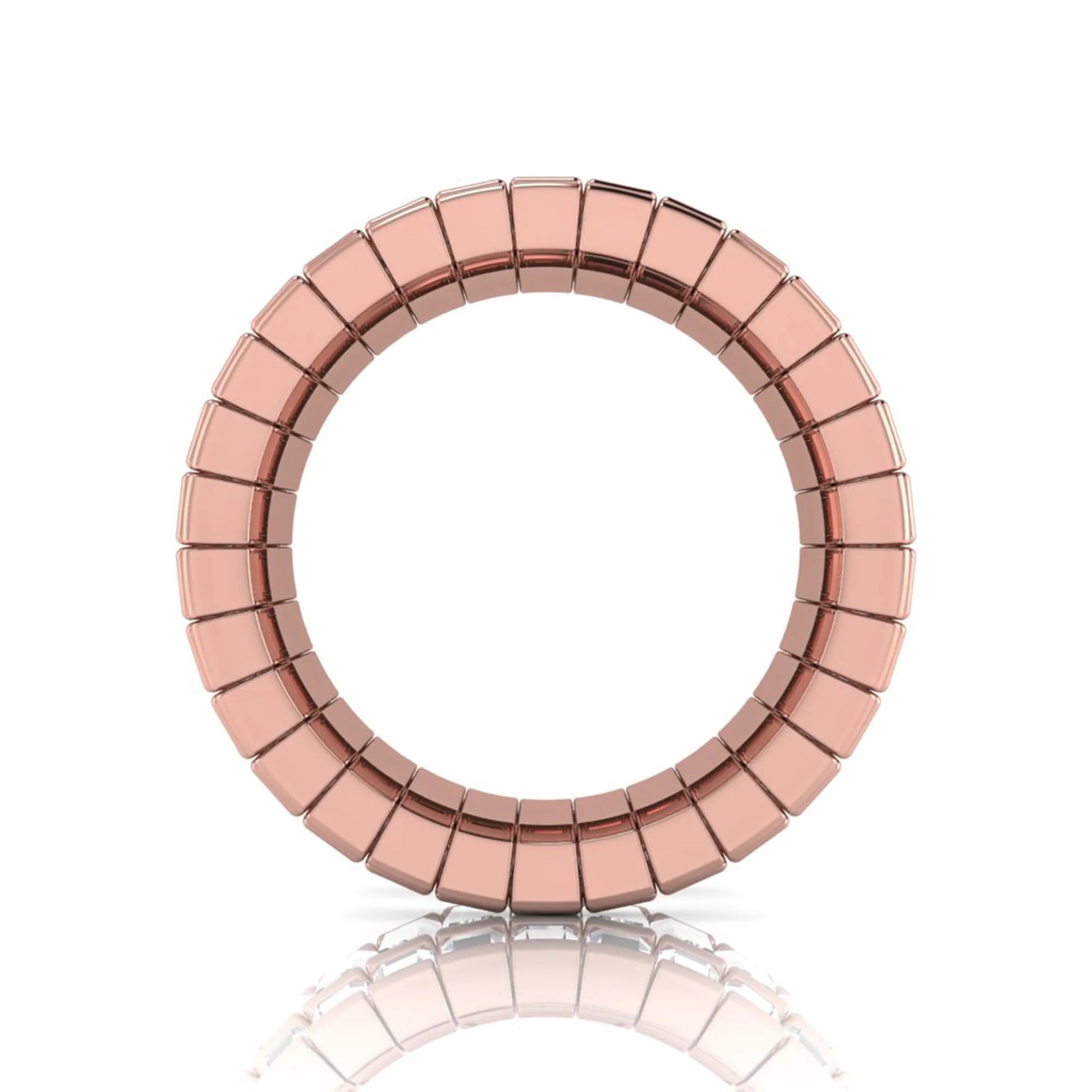 Full eternity band featuring baguette cut lab grown diamonds in a channel-style setting with a rose gold tone finish.