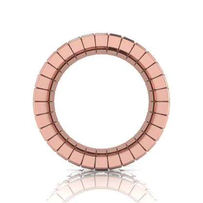 Full eternity band featuring baguette cut lab grown diamonds in a channel-style setting with a rose gold tone finish.