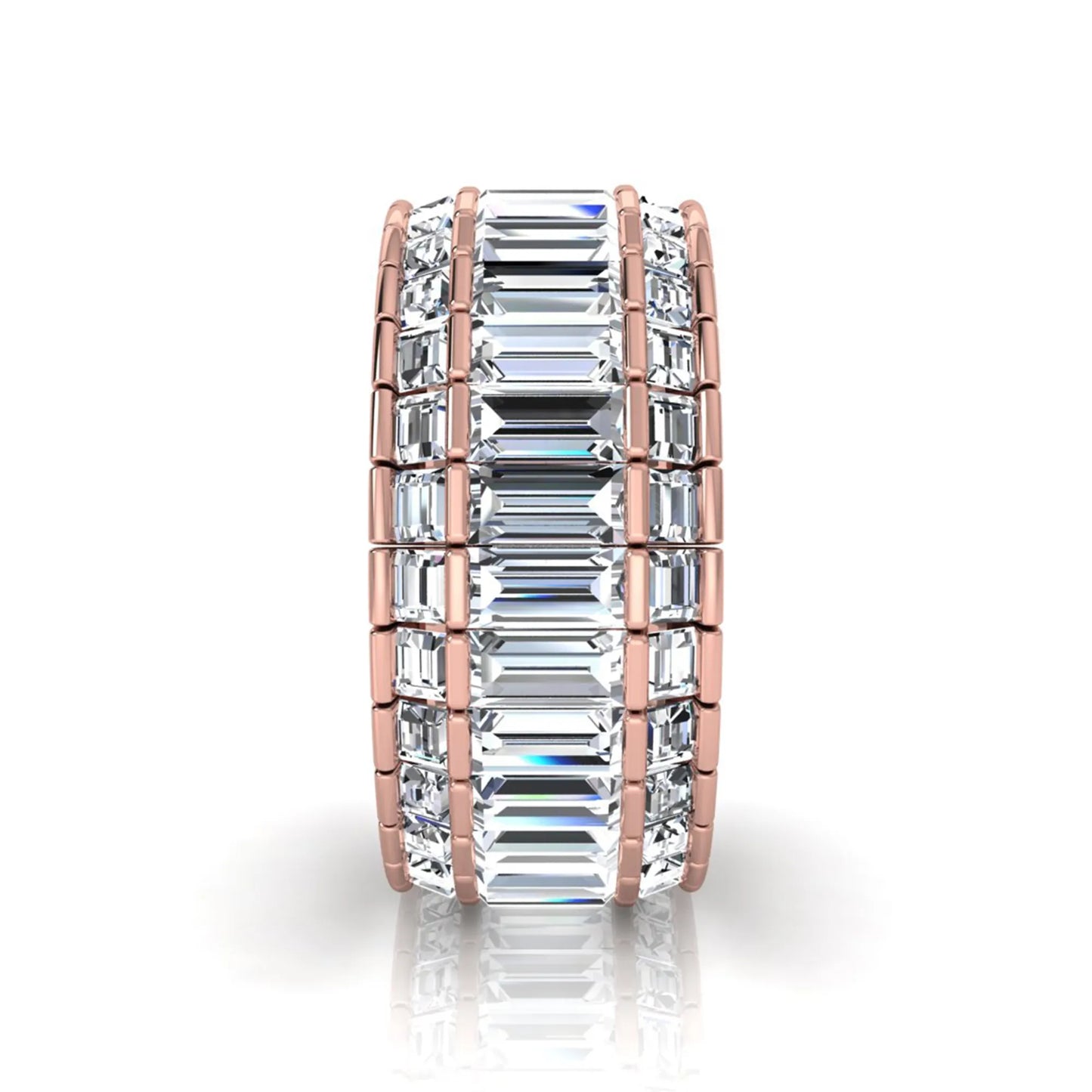 Full eternity band featuring baguette cut lab grown diamonds in a channel-style setting with a rose gold tone finish.