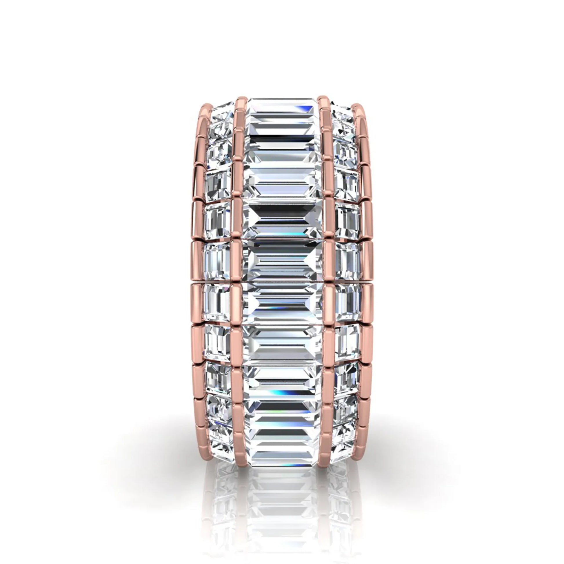 Full eternity band featuring baguette cut lab grown diamonds in a channel-style setting with a rose gold tone finish.
