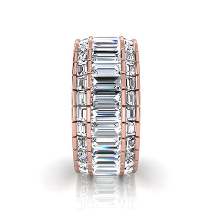Full eternity band featuring baguette cut lab grown diamonds in a channel-style setting with a rose gold tone finish.