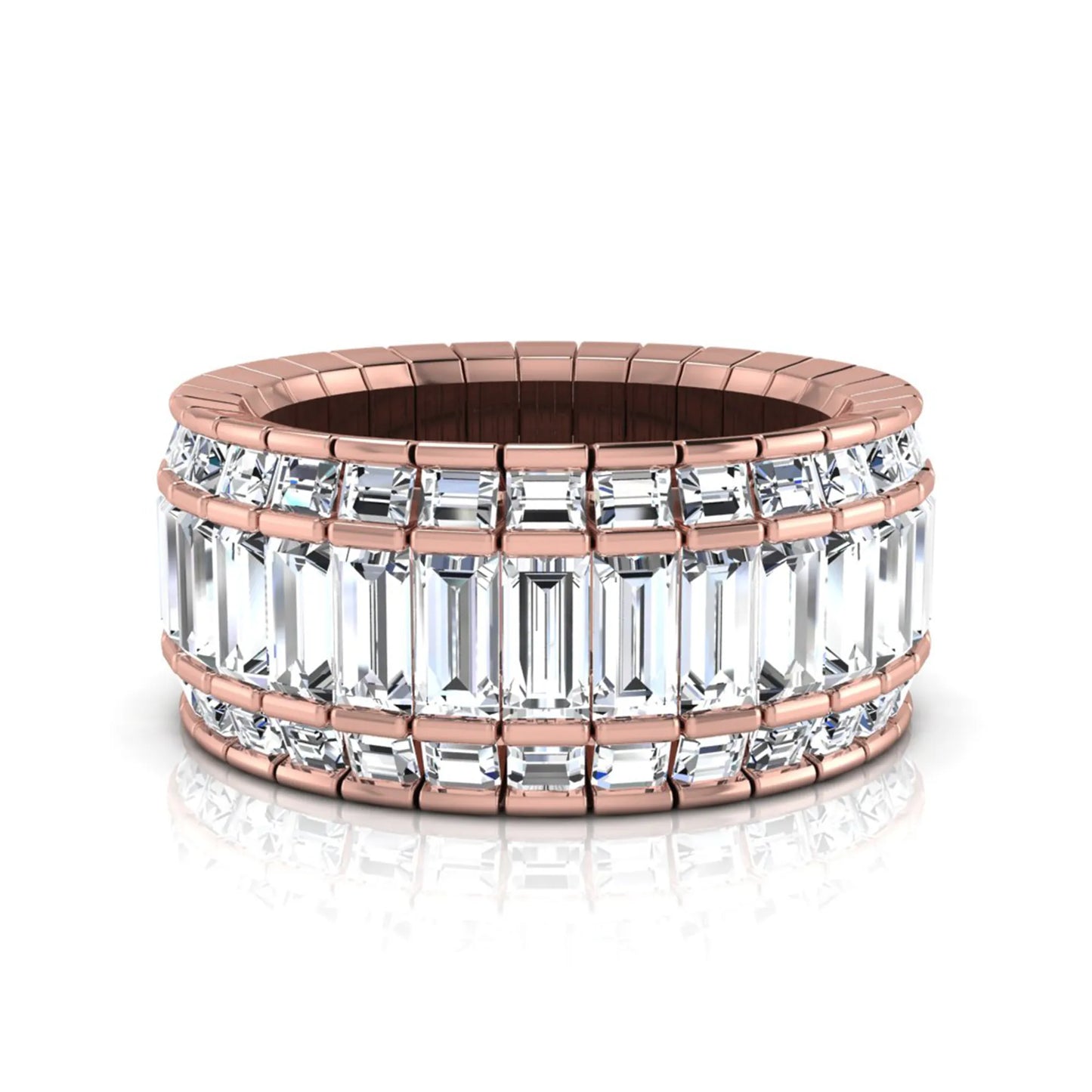 Full eternity band featuring baguette cut lab grown diamonds in a channel-style setting with a rose gold tone finish.