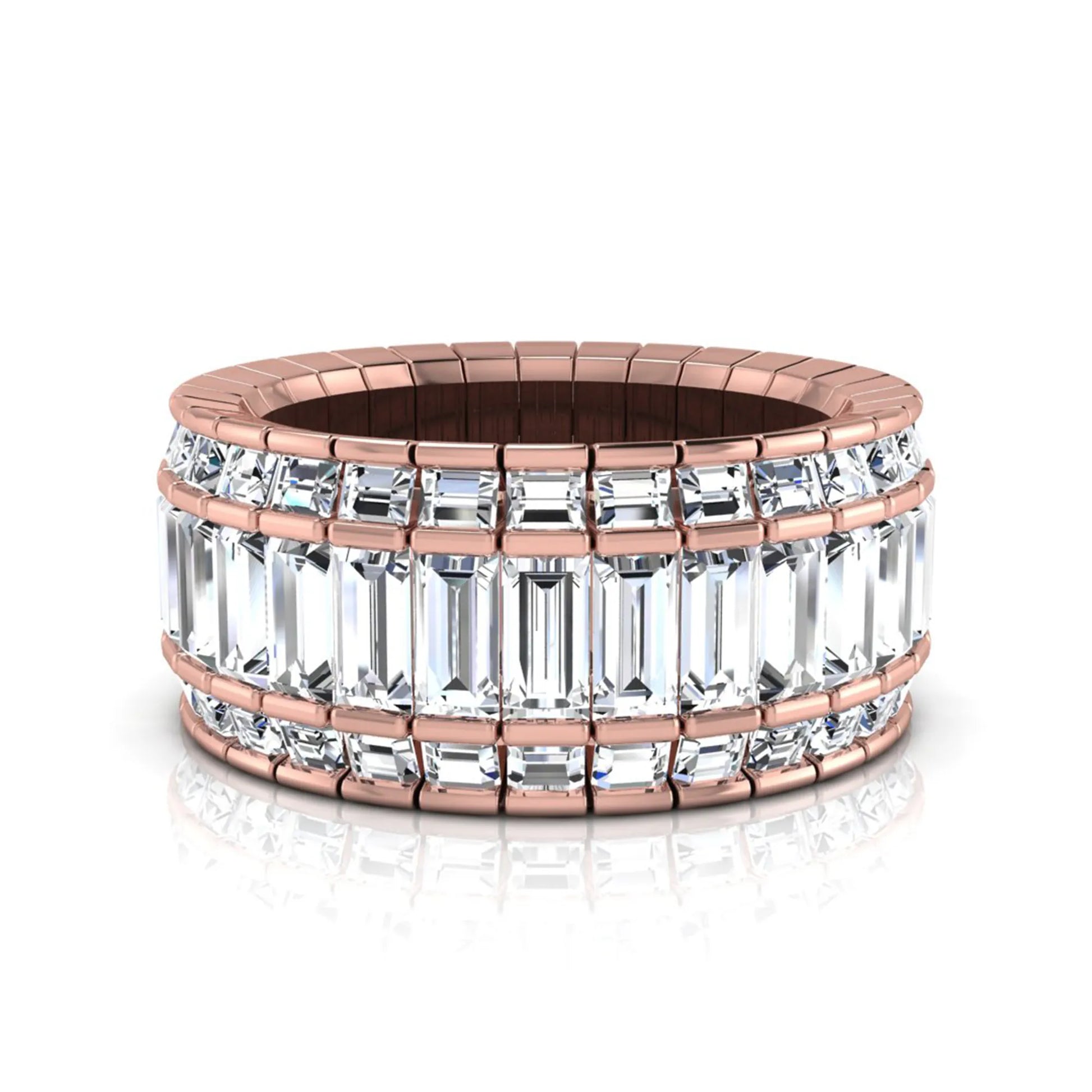 Full eternity band featuring baguette cut lab grown diamonds in a channel-style setting with a rose gold tone finish.