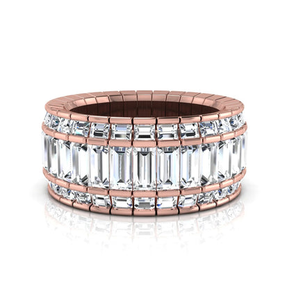 Full eternity band featuring baguette cut lab grown diamonds in a channel-style setting with a rose gold tone finish.