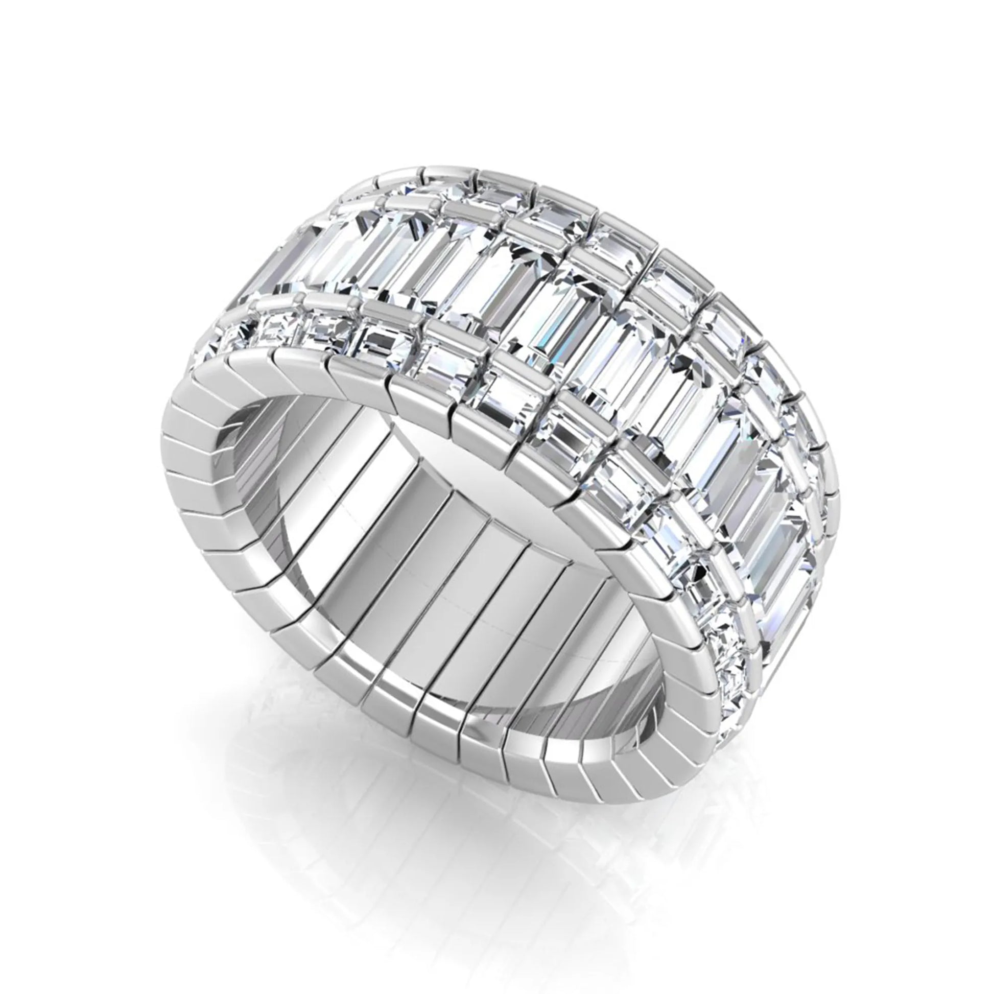 Full eternity band featuring baguette cut lab grown diamonds in a channel-style setting with a white gold tone finish.