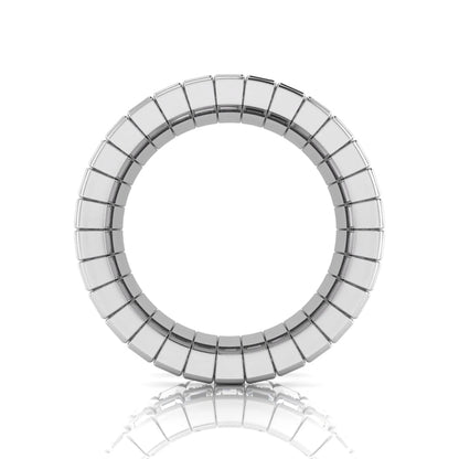 Full eternity band featuring baguette cut lab grown diamonds in a channel-style setting with a white gold tone finish.