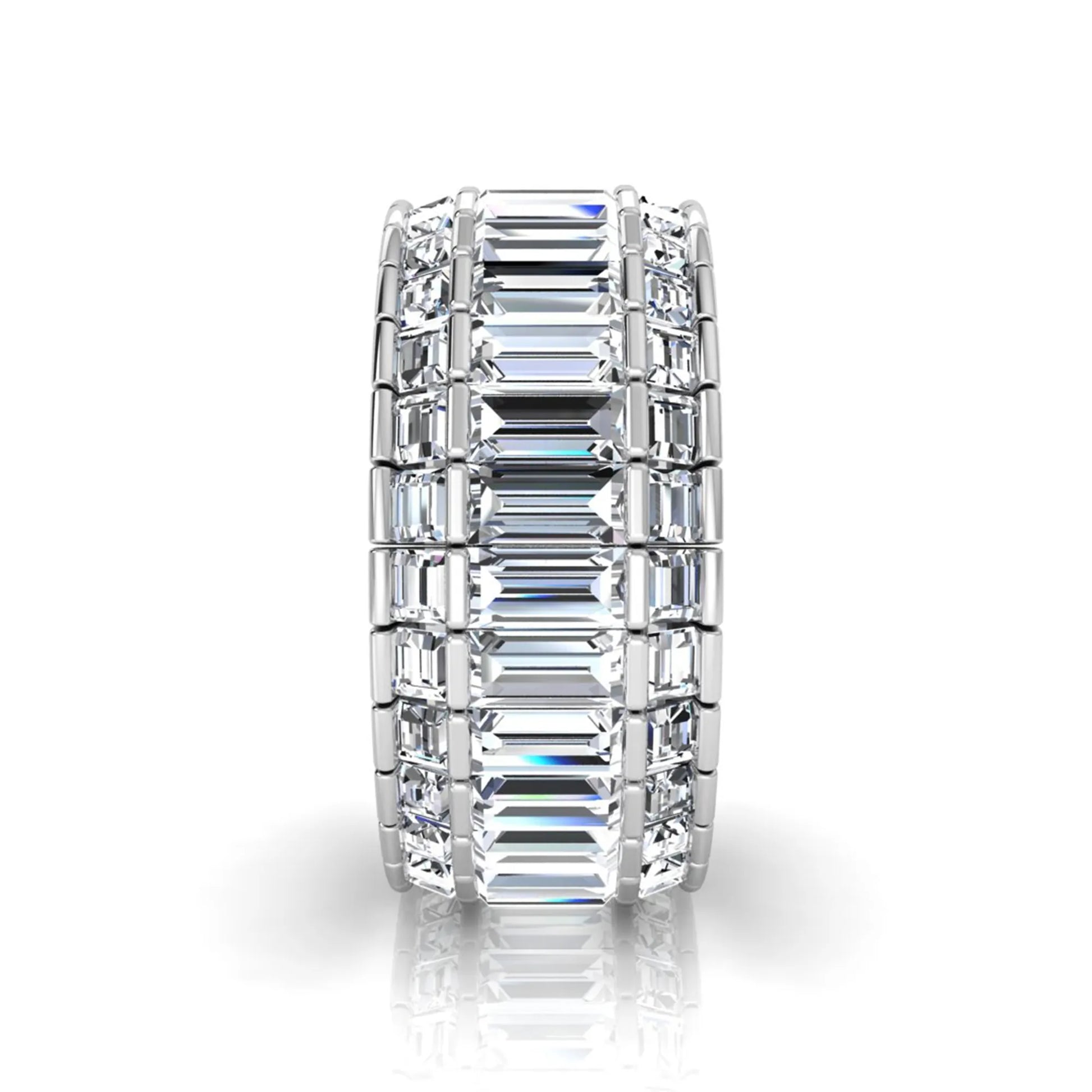 Full eternity band featuring baguette cut lab grown diamonds in a channel-style setting with a white gold tone finish.