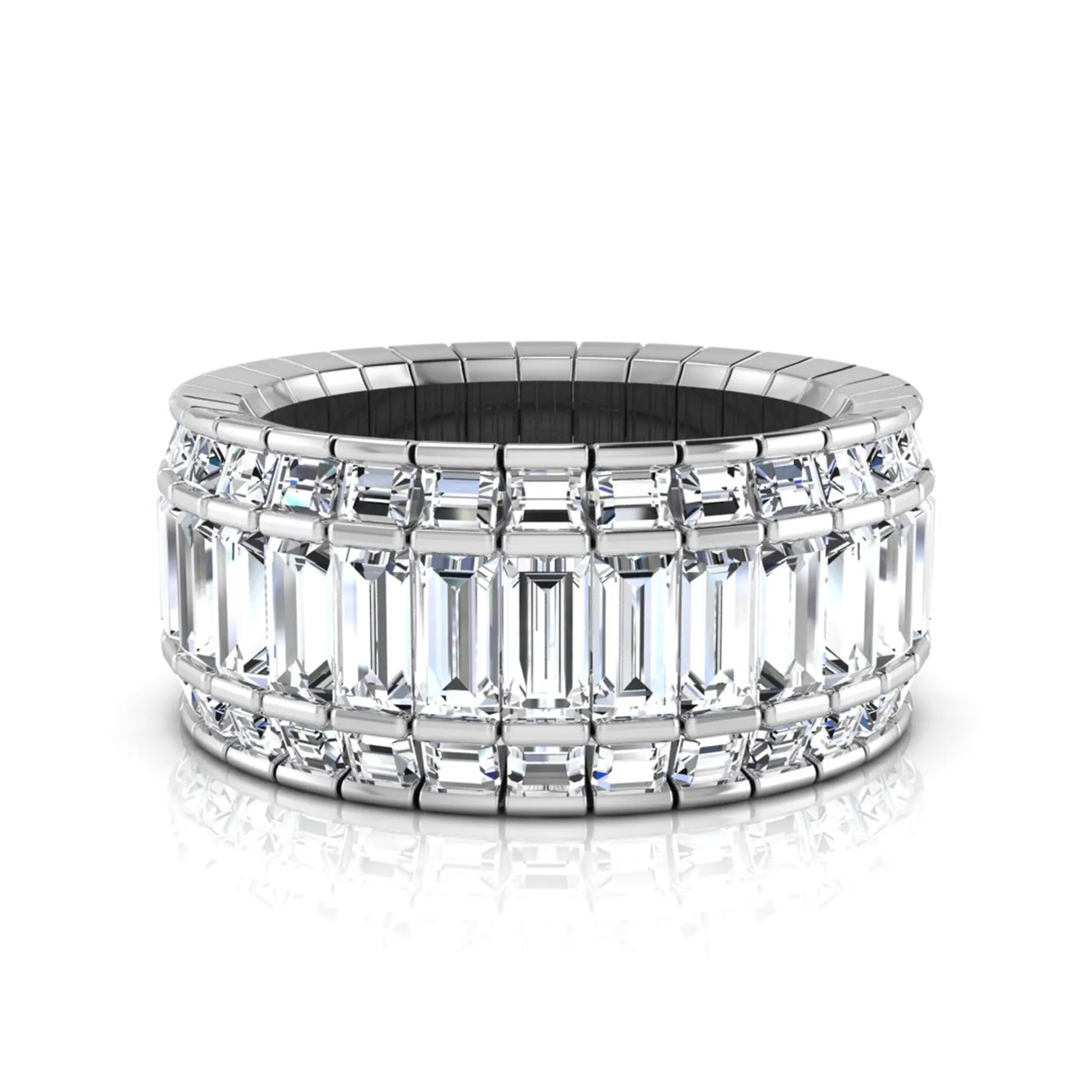 Full eternity band featuring baguette cut lab grown diamonds in a channel-style setting with a white gold tone finish.