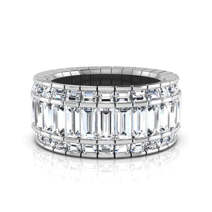 Full eternity band featuring baguette cut lab grown diamonds in a channel-style setting with a white gold tone finish.