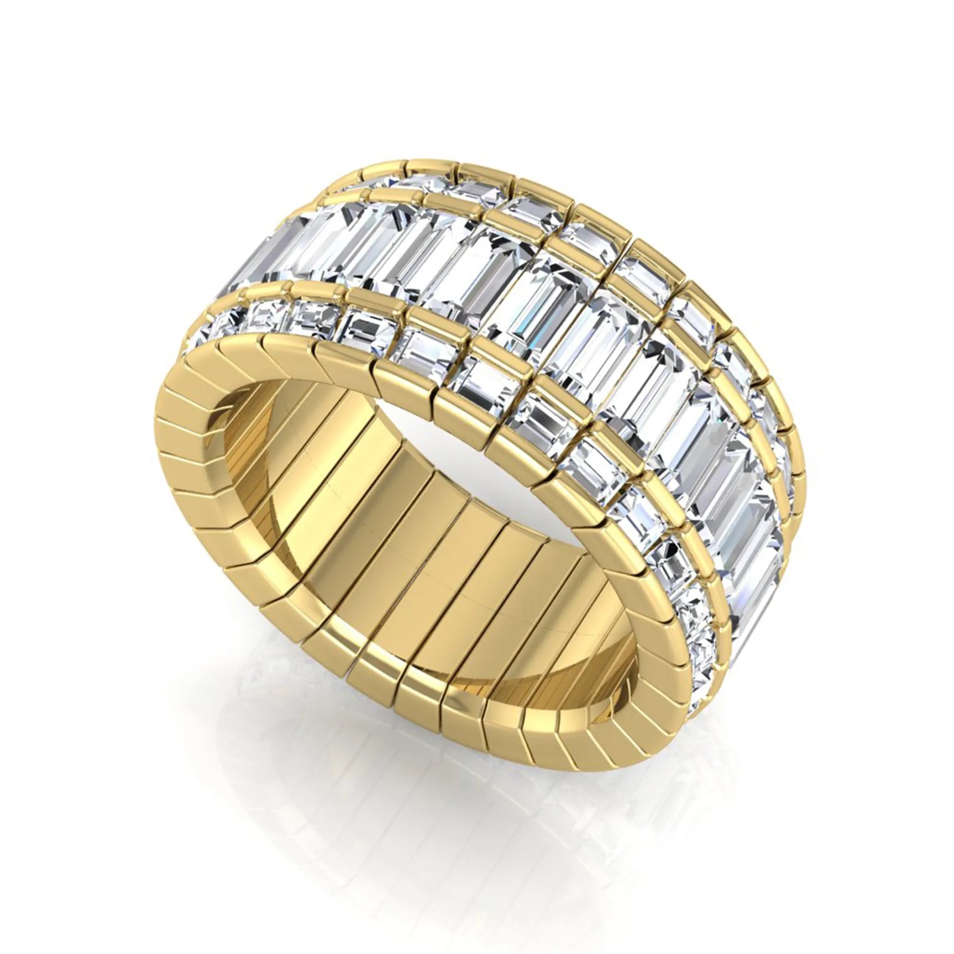 Full eternity band featuring baguette cut lab grown diamonds in a channel-style setting with a yellow gold tone finish.