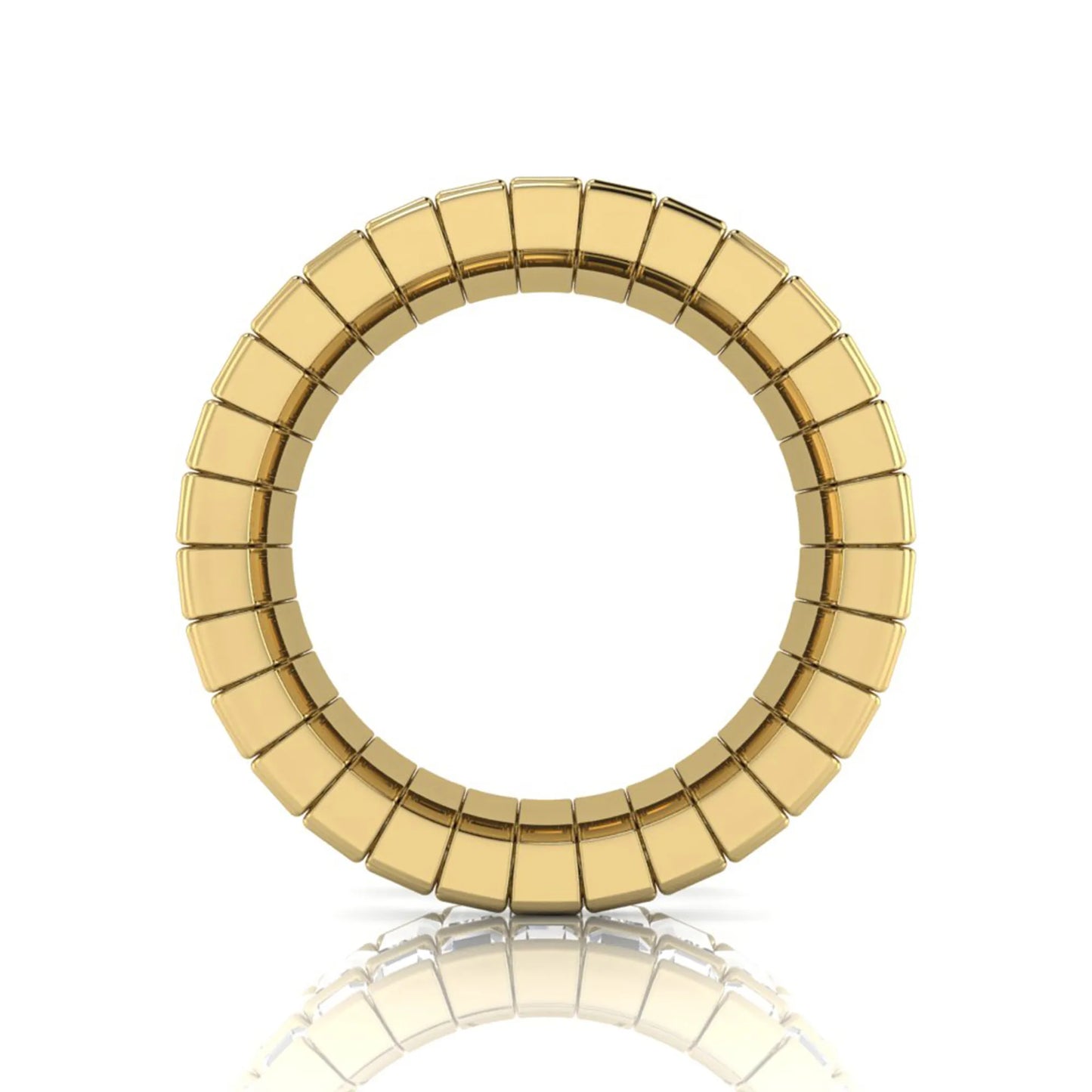 Full eternity band featuring baguette cut lab grown diamonds in a channel-style setting with a yellow gold tone finish.