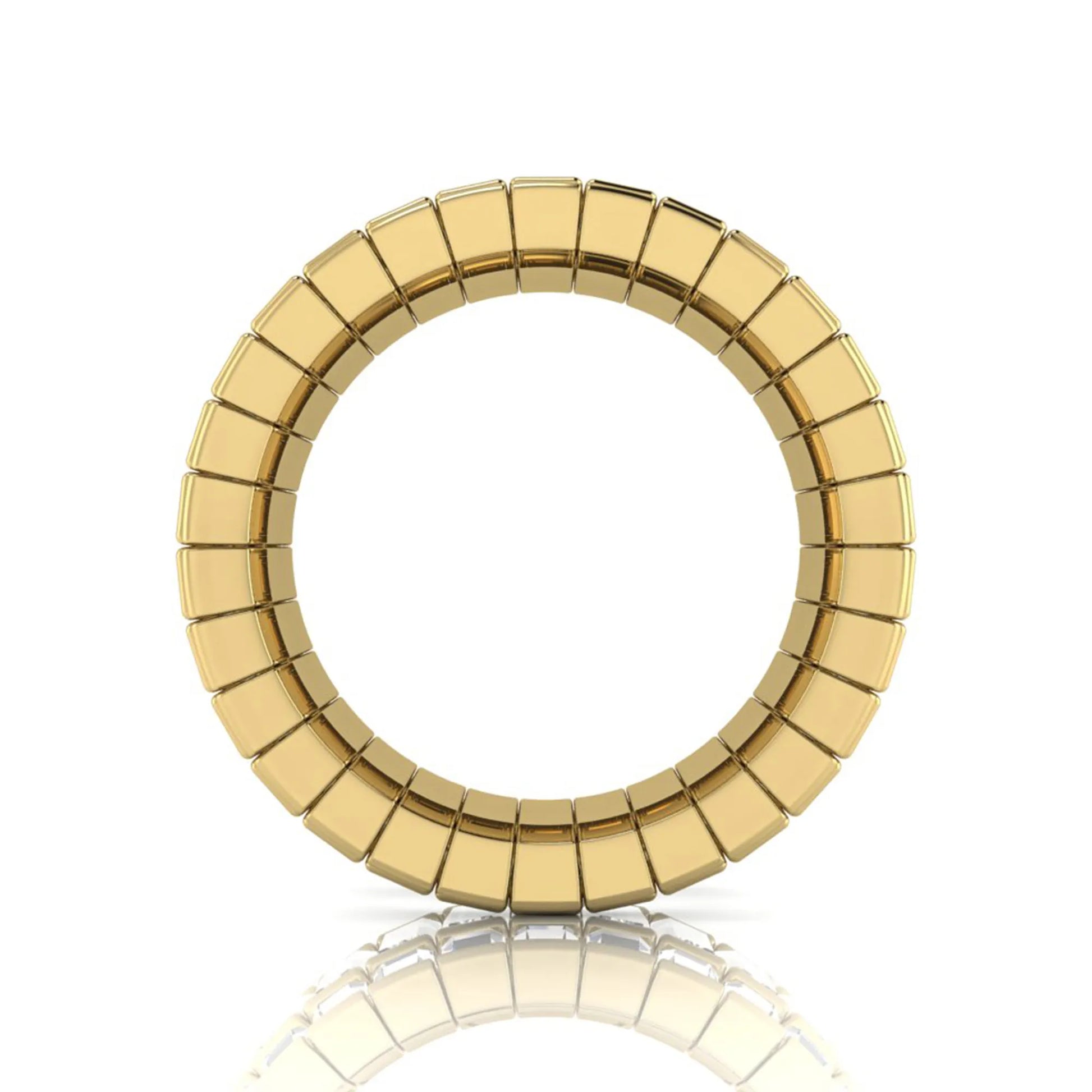 Full eternity band featuring baguette cut lab grown diamonds in a channel-style setting with a yellow gold tone finish.