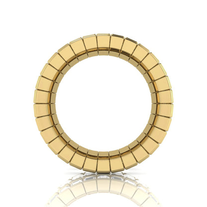 Full eternity band featuring baguette cut lab grown diamonds in a channel-style setting with a yellow gold tone finish.