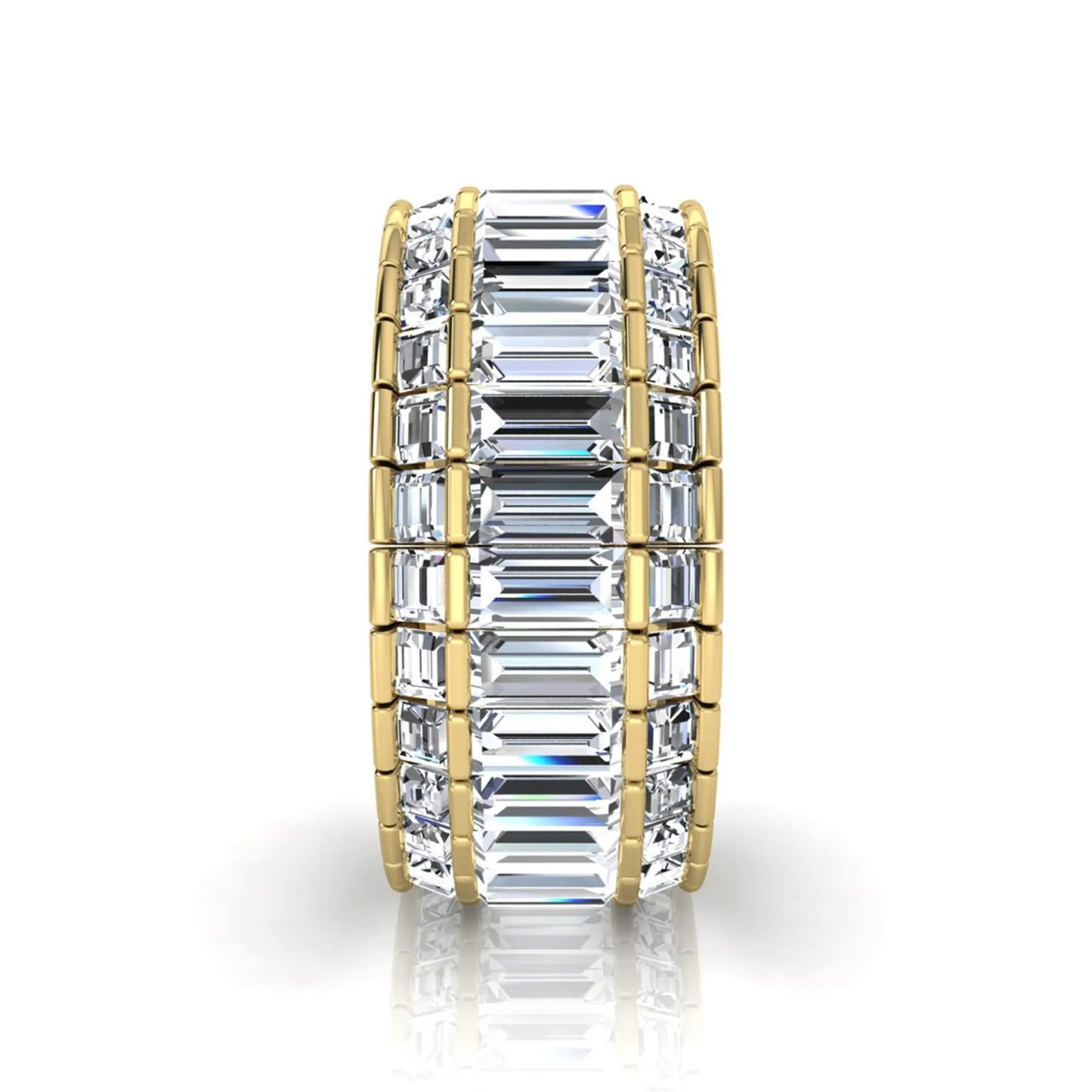 Full eternity band featuring baguette cut lab grown diamonds in a channel-style setting with a yellow gold tone finish.