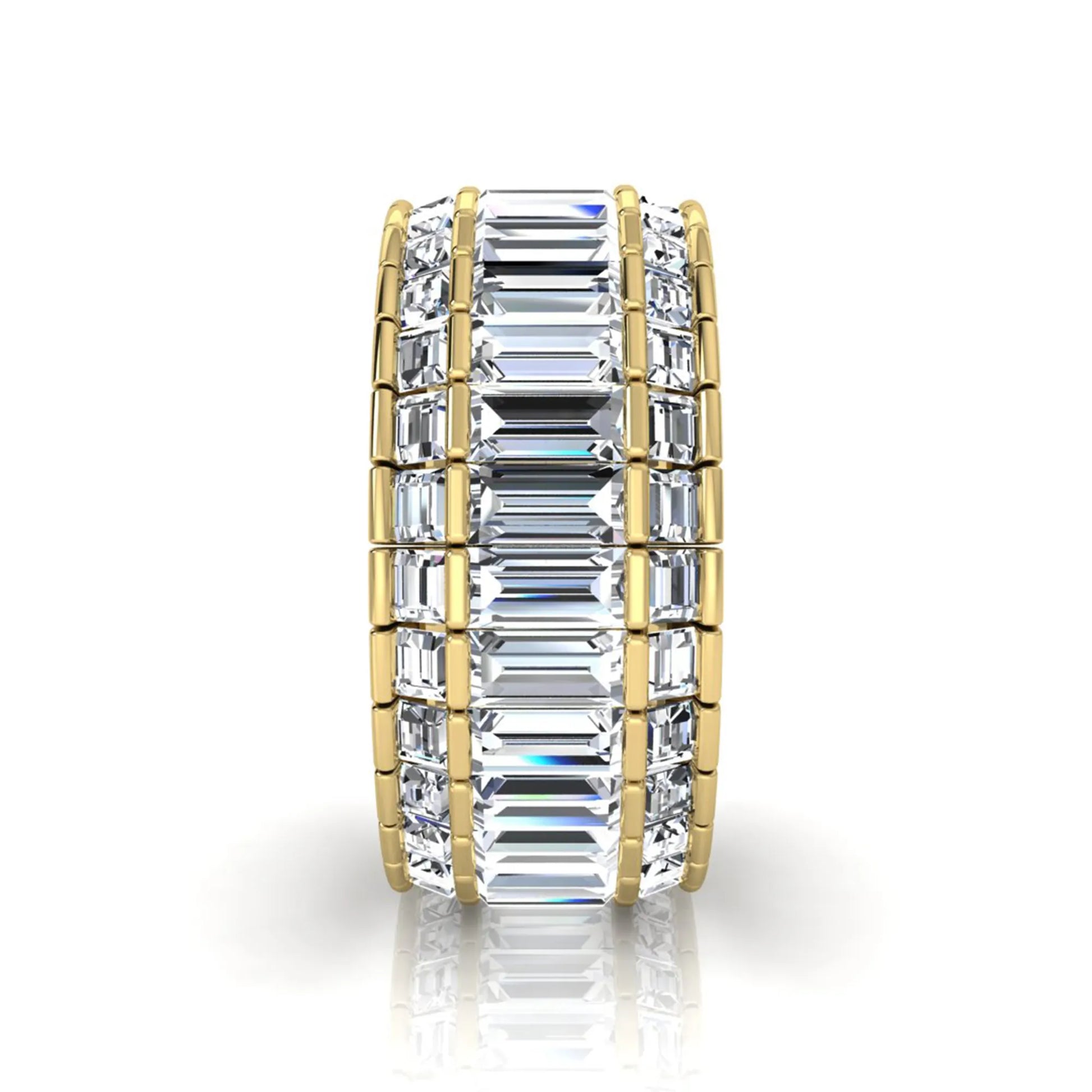 Full eternity band featuring baguette cut lab grown diamonds in a channel-style setting with a yellow gold tone finish.