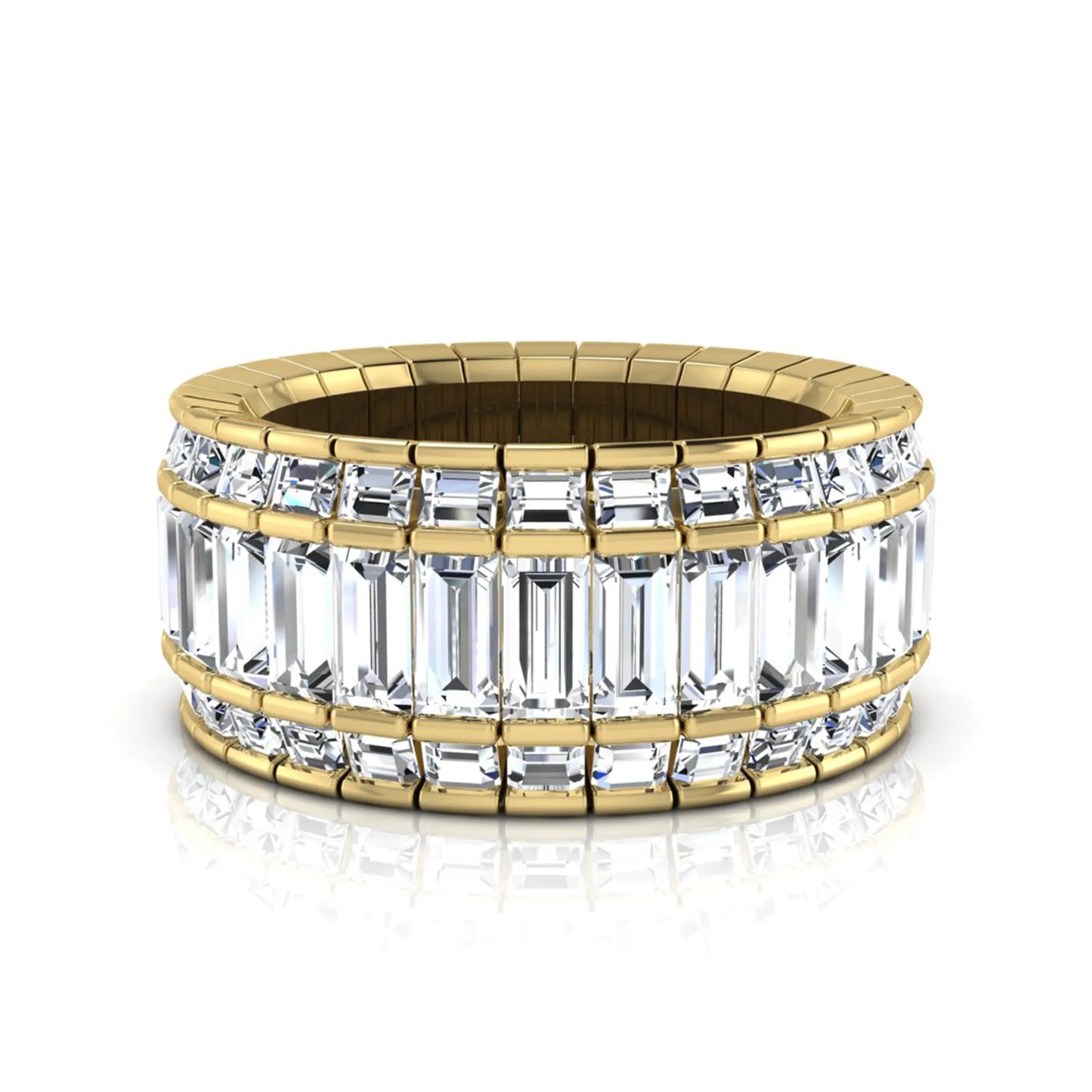 Full eternity band featuring baguette cut lab grown diamonds in a channel-style setting with a yellow gold tone finish.