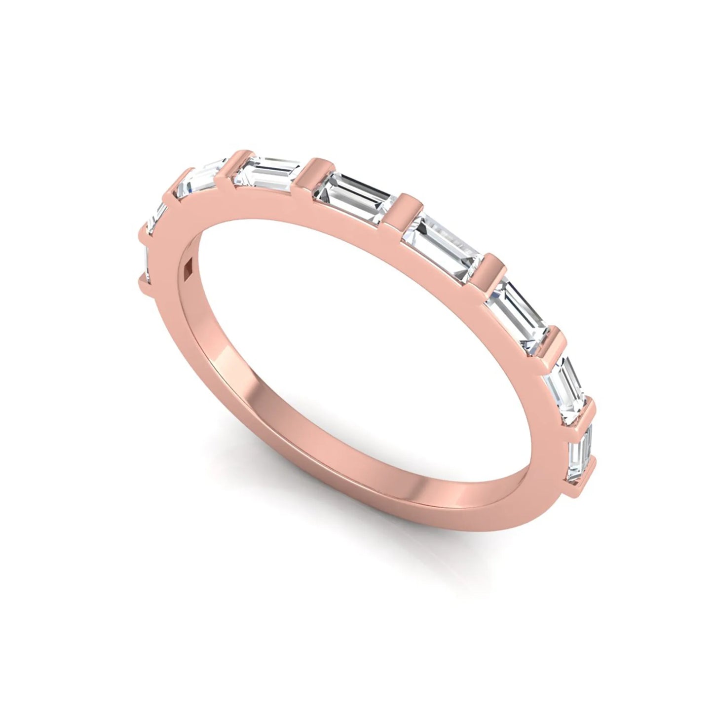 rose gold Baguette cut lab grown diamond half eternity band ring with sleek bar setting in a modern minimalist design