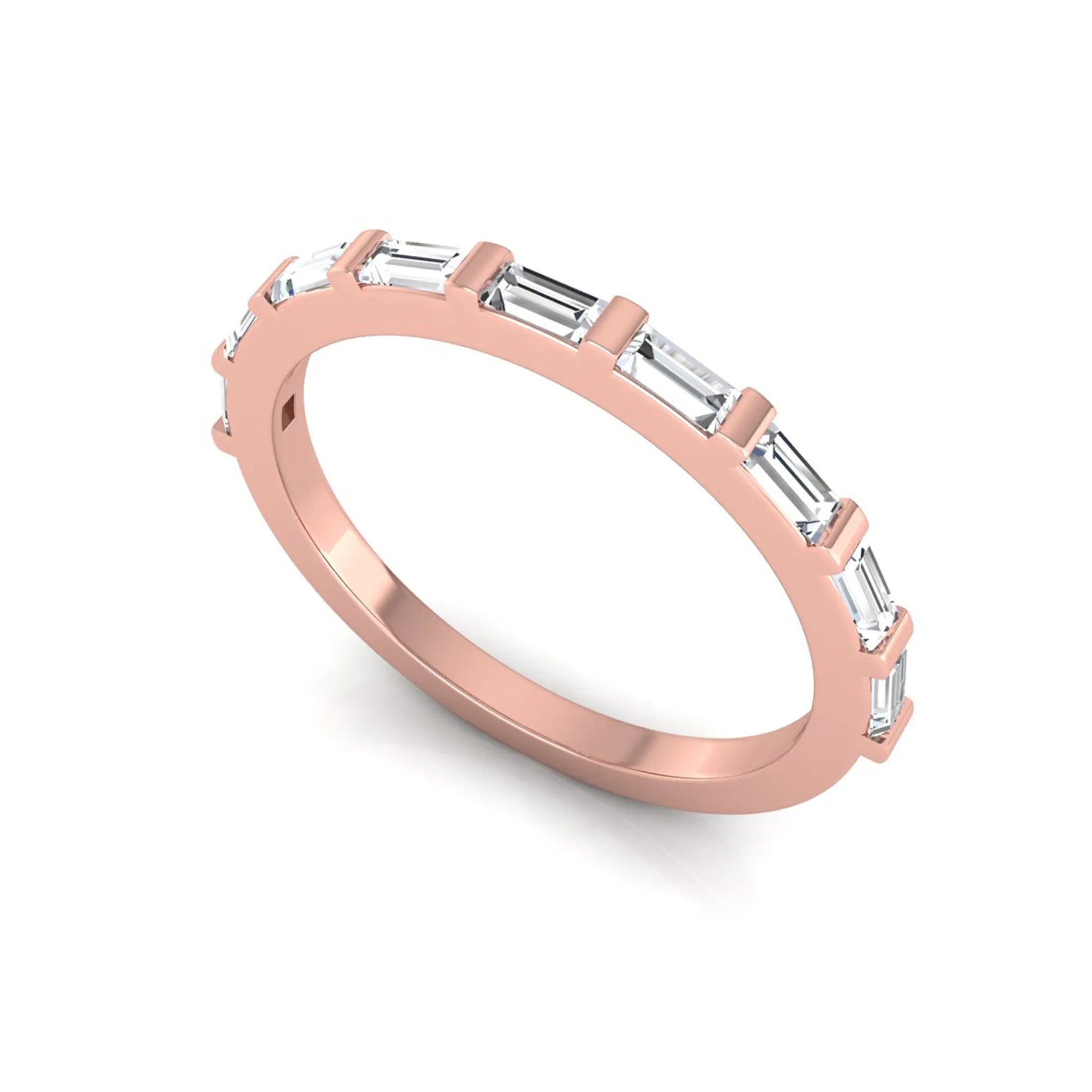 rose gold Baguette cut lab grown diamond half eternity band ring with sleek bar setting in a modern minimalist design