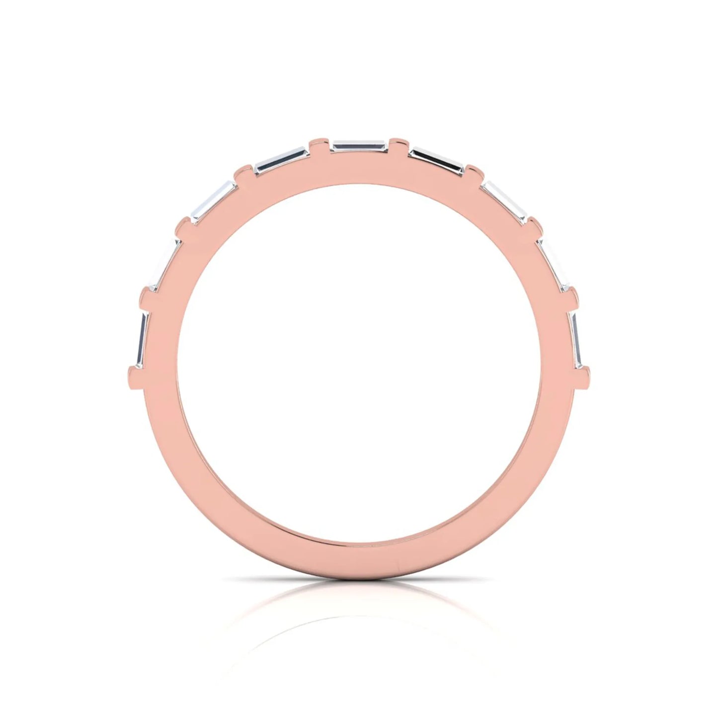 rose gold Baguette cut lab grown diamond half eternity band ring with sleek bar setting in a modern minimalist design