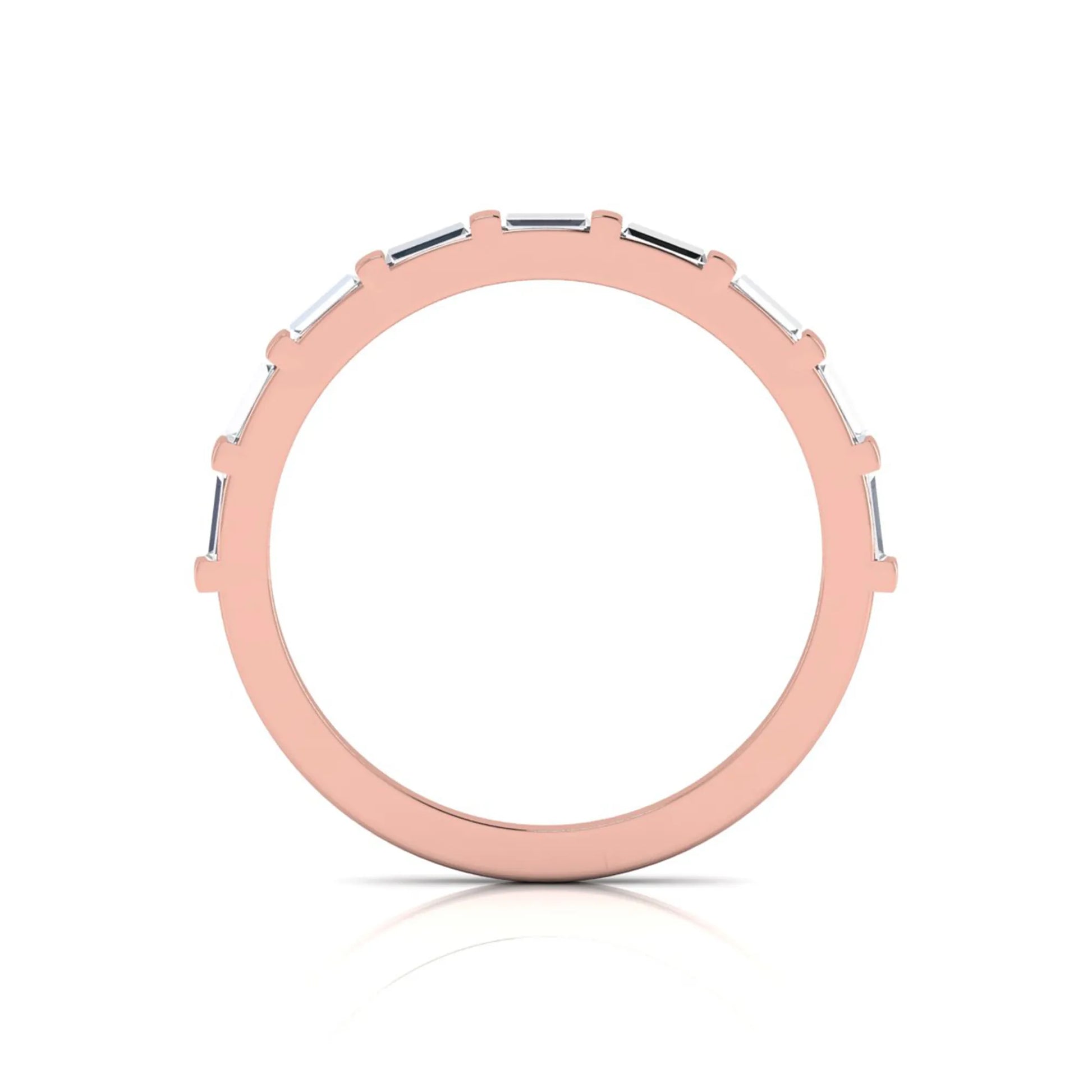 rose gold Baguette cut lab grown diamond half eternity band ring with sleek bar setting in a modern minimalist design