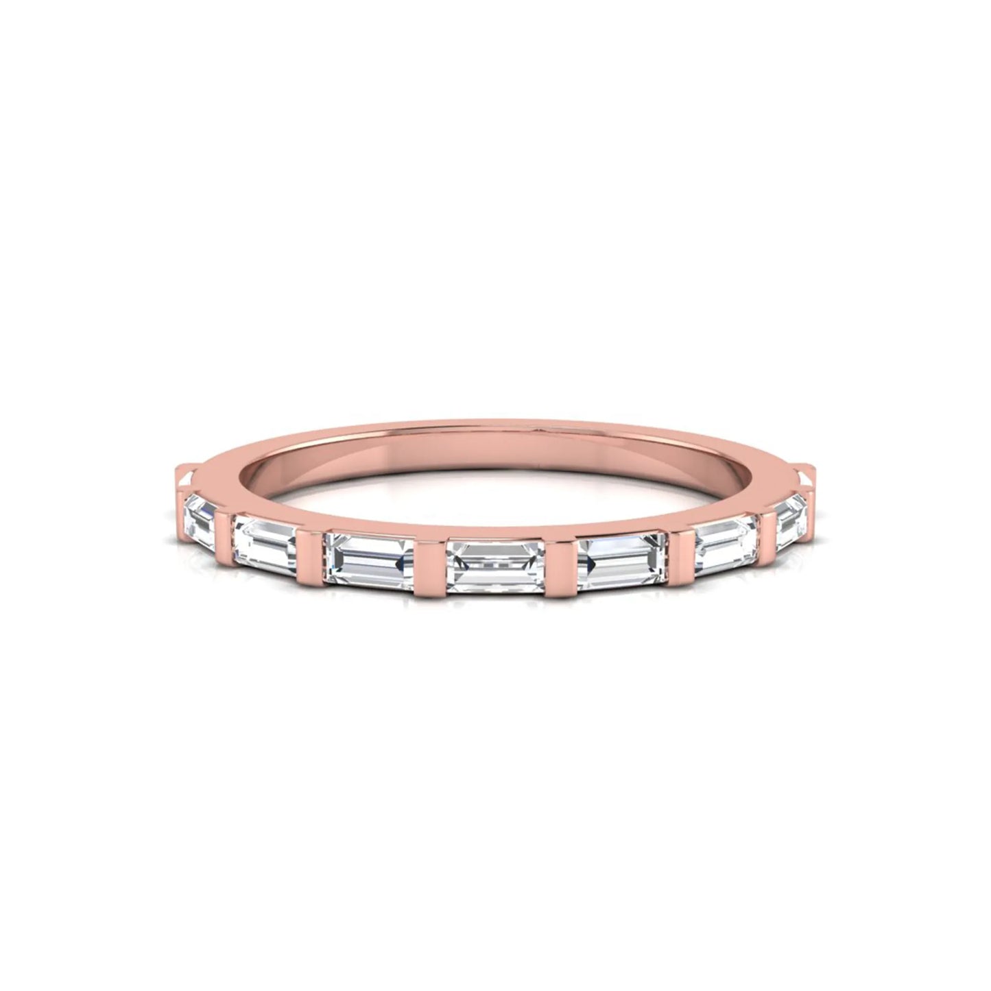 rose gold Baguette cut lab grown diamond half eternity band ring with sleek bar setting in a modern minimalist design