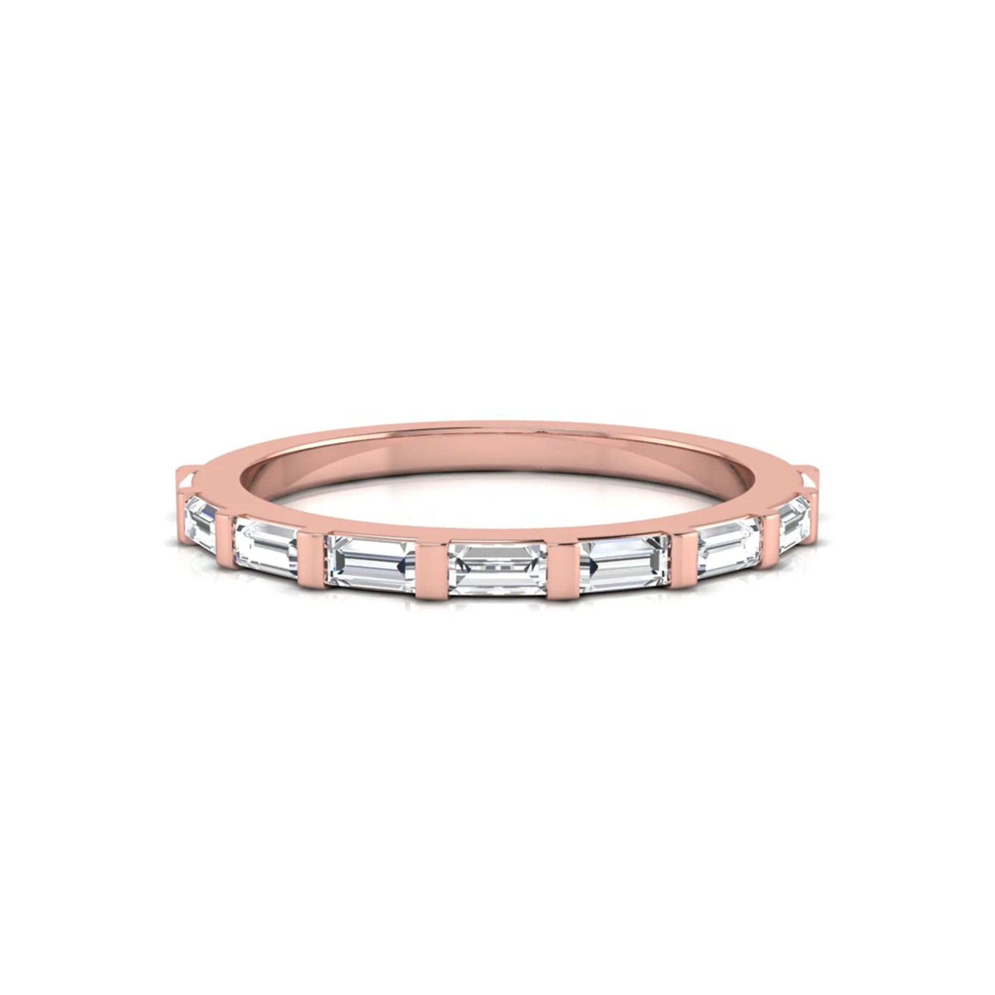 rose gold Baguette cut lab grown diamond half eternity band ring with sleek bar setting in a modern minimalist design