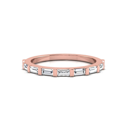 rose gold Baguette cut lab grown diamond half eternity band ring with sleek bar setting in a modern minimalist design