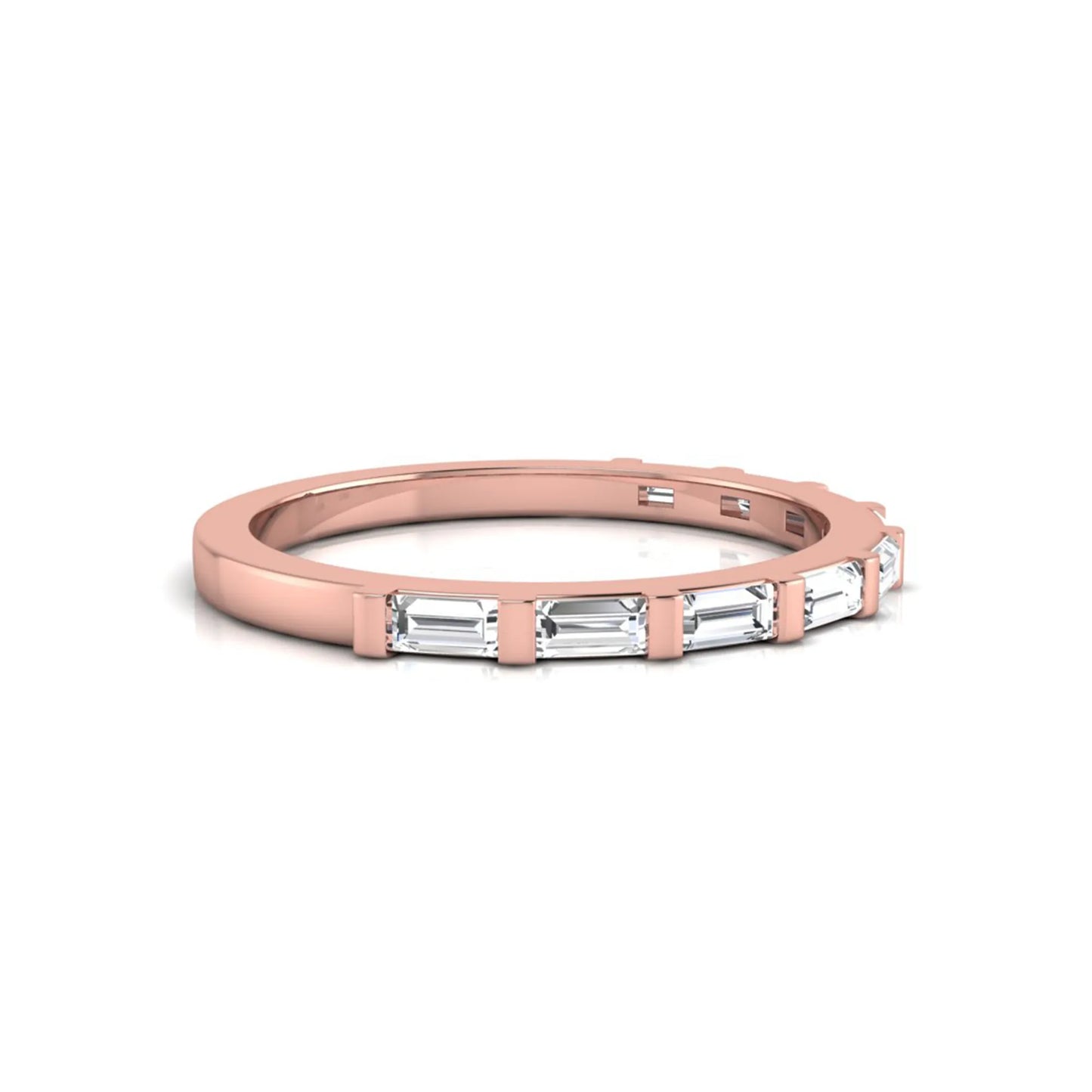 rose gold Baguette cut lab grown diamond half eternity band ring with sleek bar setting in a modern minimalist design