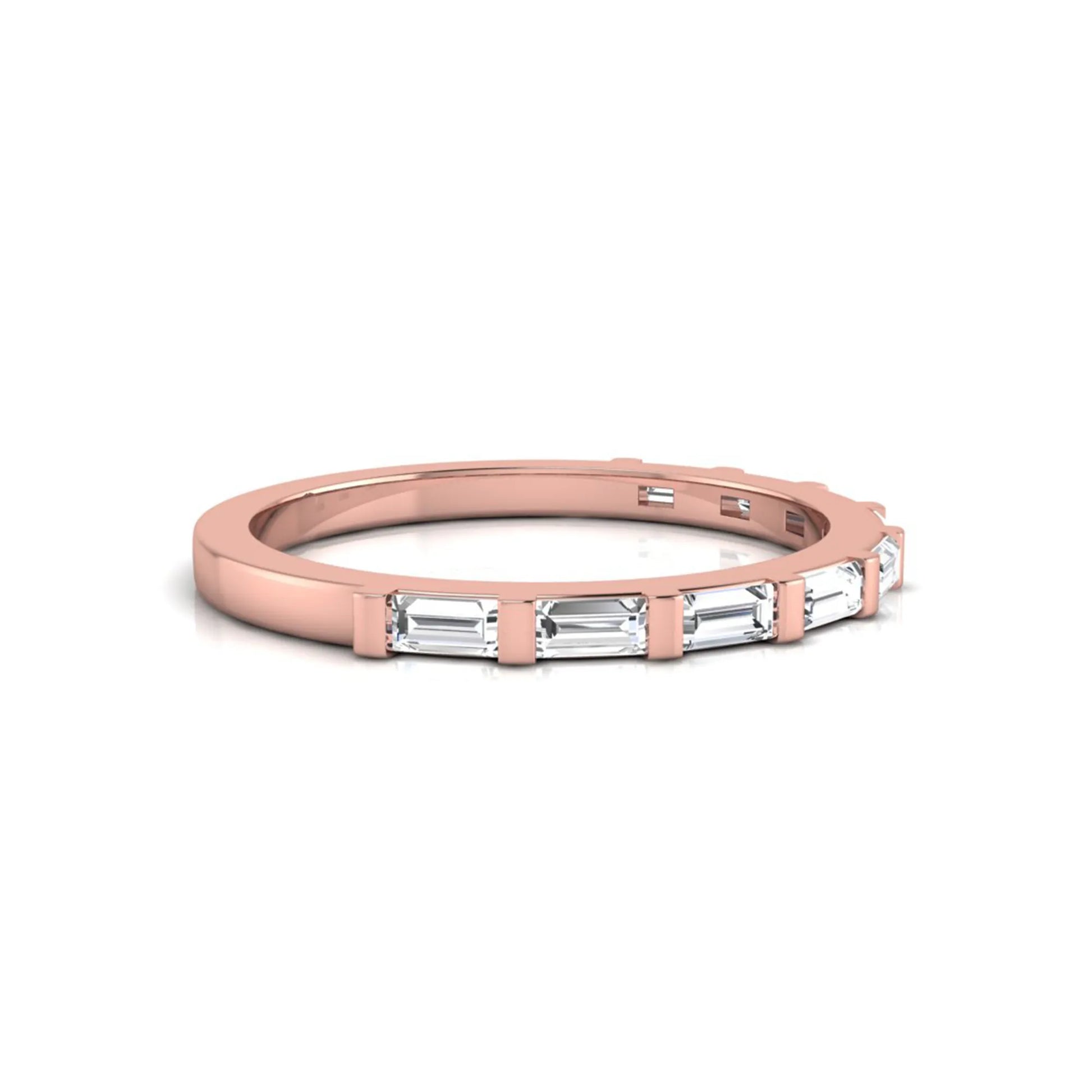 rose gold Baguette cut lab grown diamond half eternity band ring with sleek bar setting in a modern minimalist design