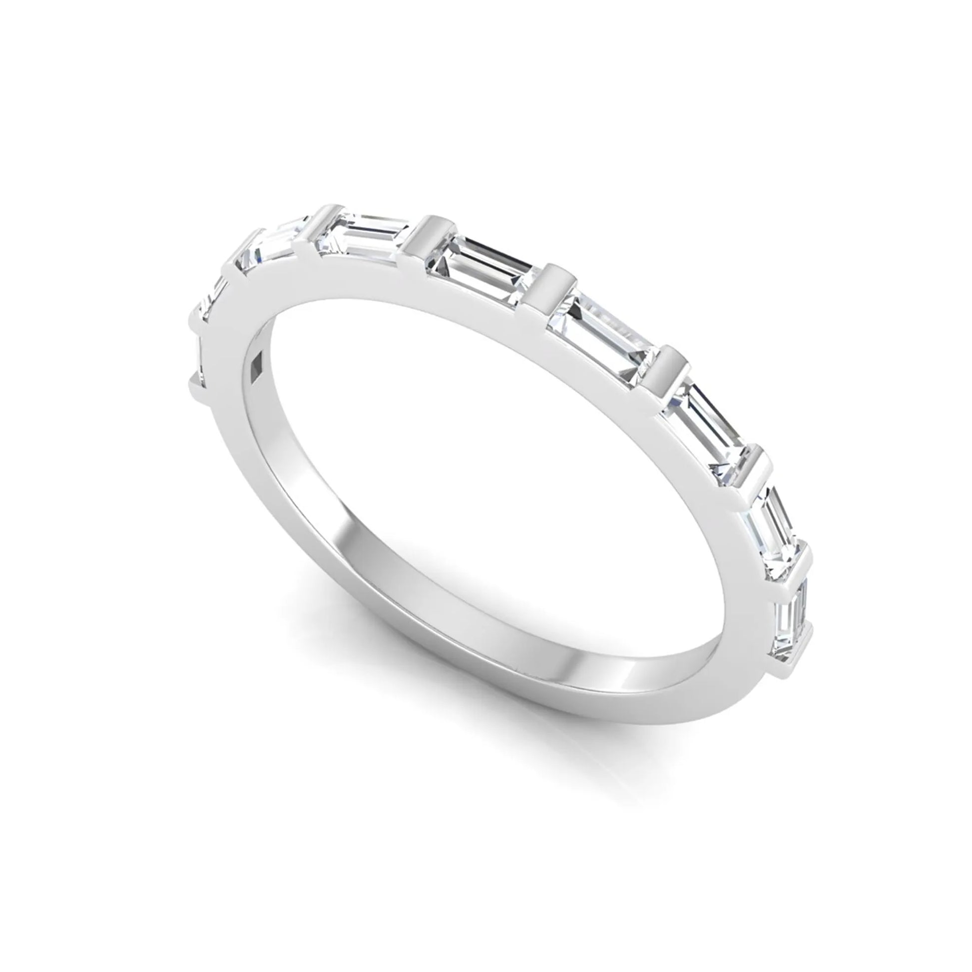 white gold Baguette cut lab grown diamond half eternity band ring with sleek bar setting in a modern minimalist design