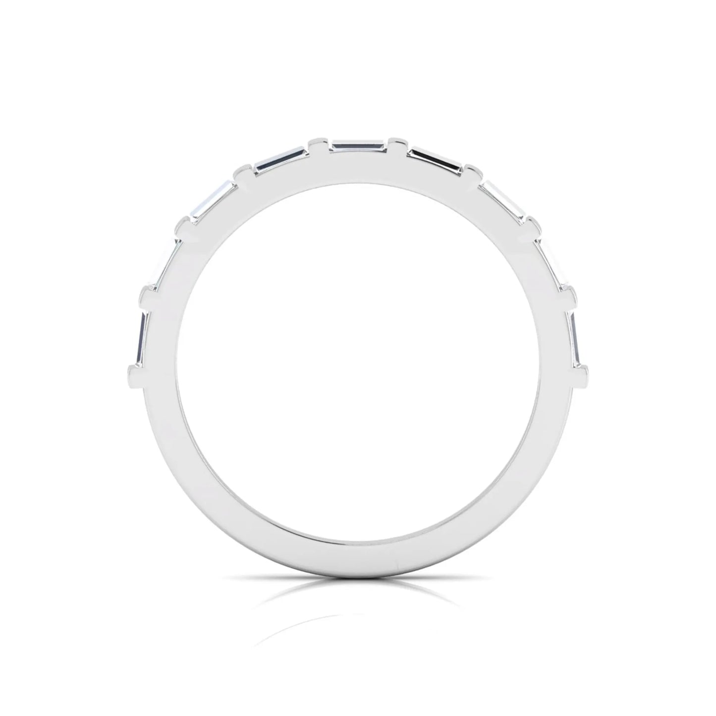 white gold Baguette cut lab grown diamond half eternity band ring with sleek bar setting in a modern minimalist design